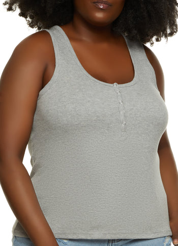 Size Solid Henley Tank Top Heather