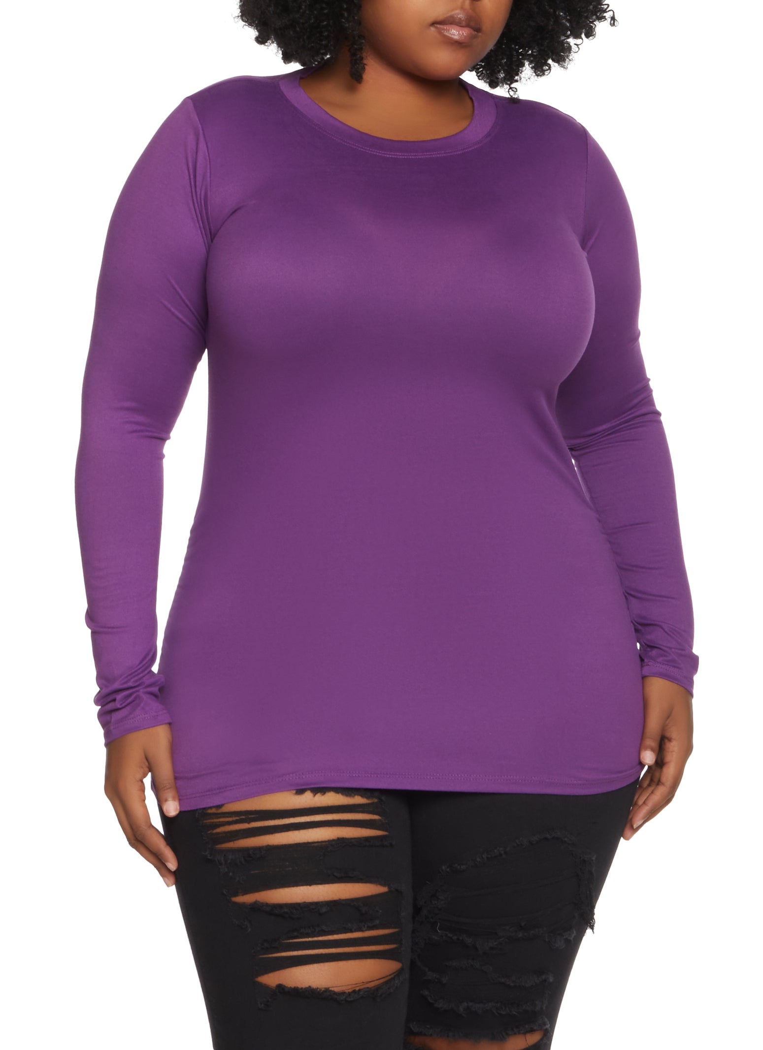 Plus Size Ruched Side Crew Neck Long Sleeve Top