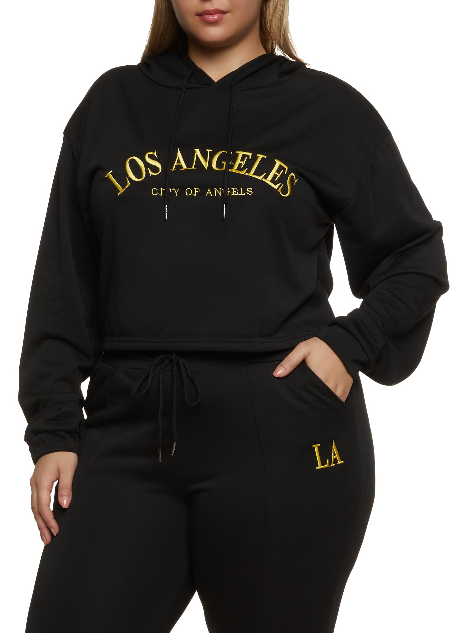 Womens Plus Size Los Angeles Embroidered Hoodie, Black, Size 2X