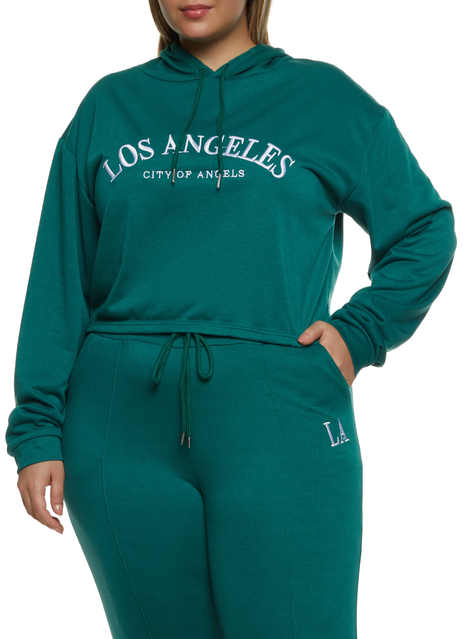 Womens Plus Size Los Angeles Embroidered Hoodie, Green, Size 1X