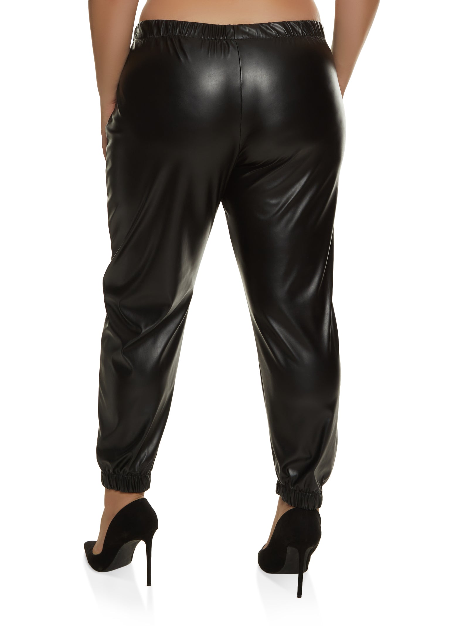 Rainbow Shops Womens Plus Size Faux Leather Cargo Joggers, Black