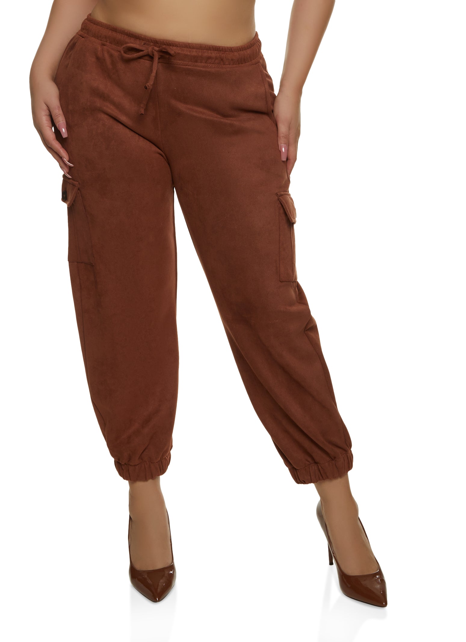 Womens Plus Size Faux Suede Drawstring Cargo Pants, Brown, Size 2X