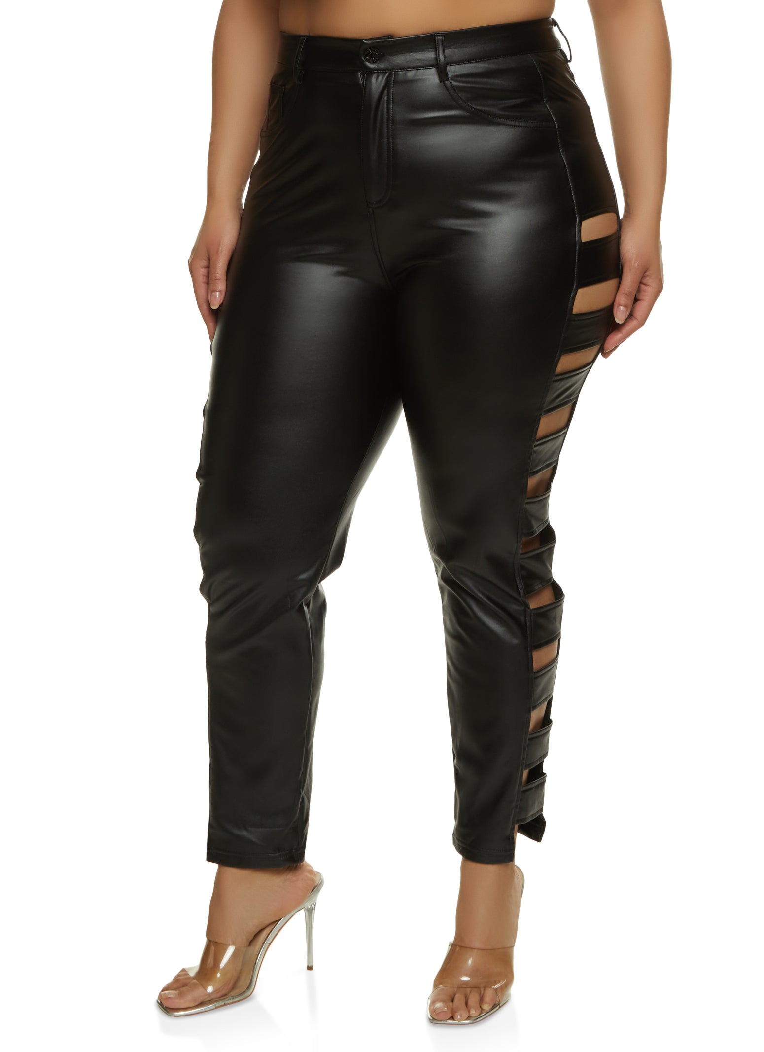 Plus Size Faux Leather Scoop Neck Catsuit - Black