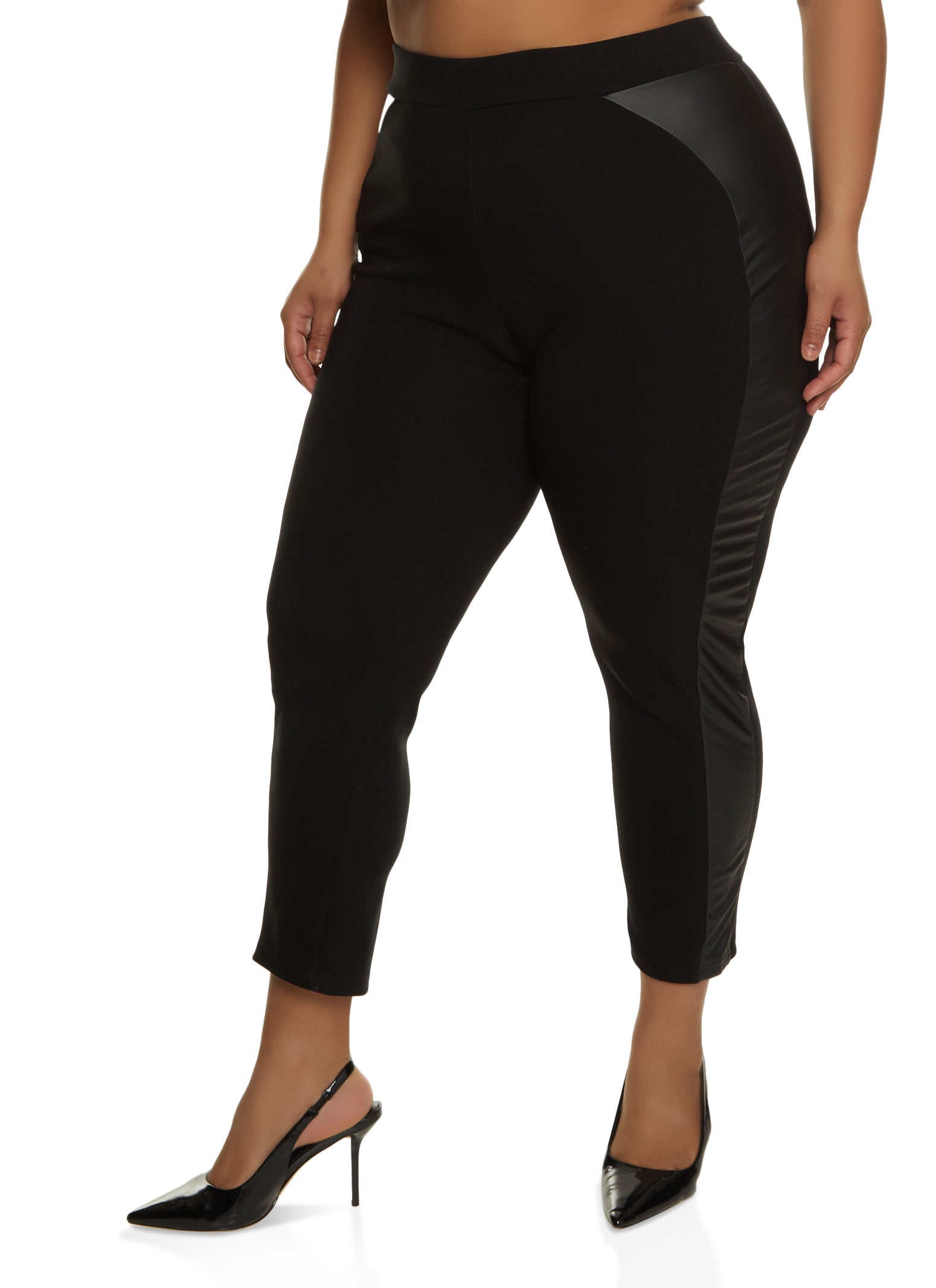 Womens Plus Size Faux Leather Detail Scuba Pants, Black, Size 1X