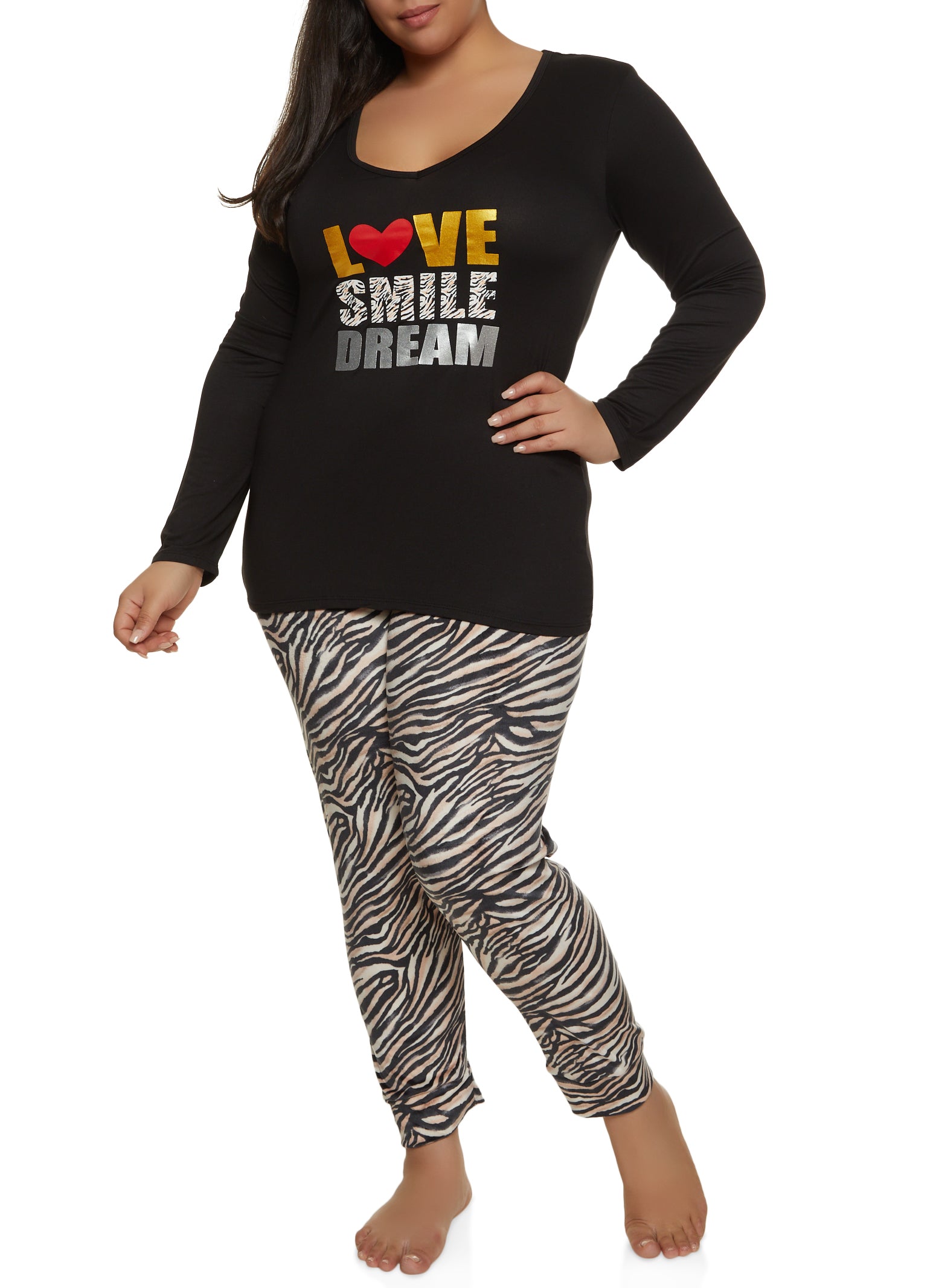 Rainbow Shops Womens Plus Size Love Smile Dream Pajama Top and Printed Pants,  Multi, Size 3X