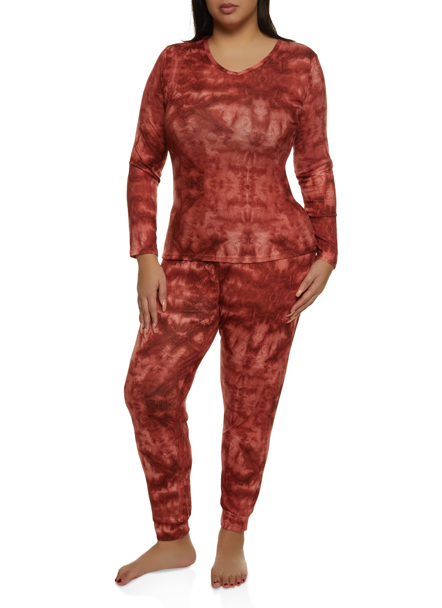 Womens Plus Size Tie Dye Long Sleeve Pajama Top and Pants Set, Red, Size 2X