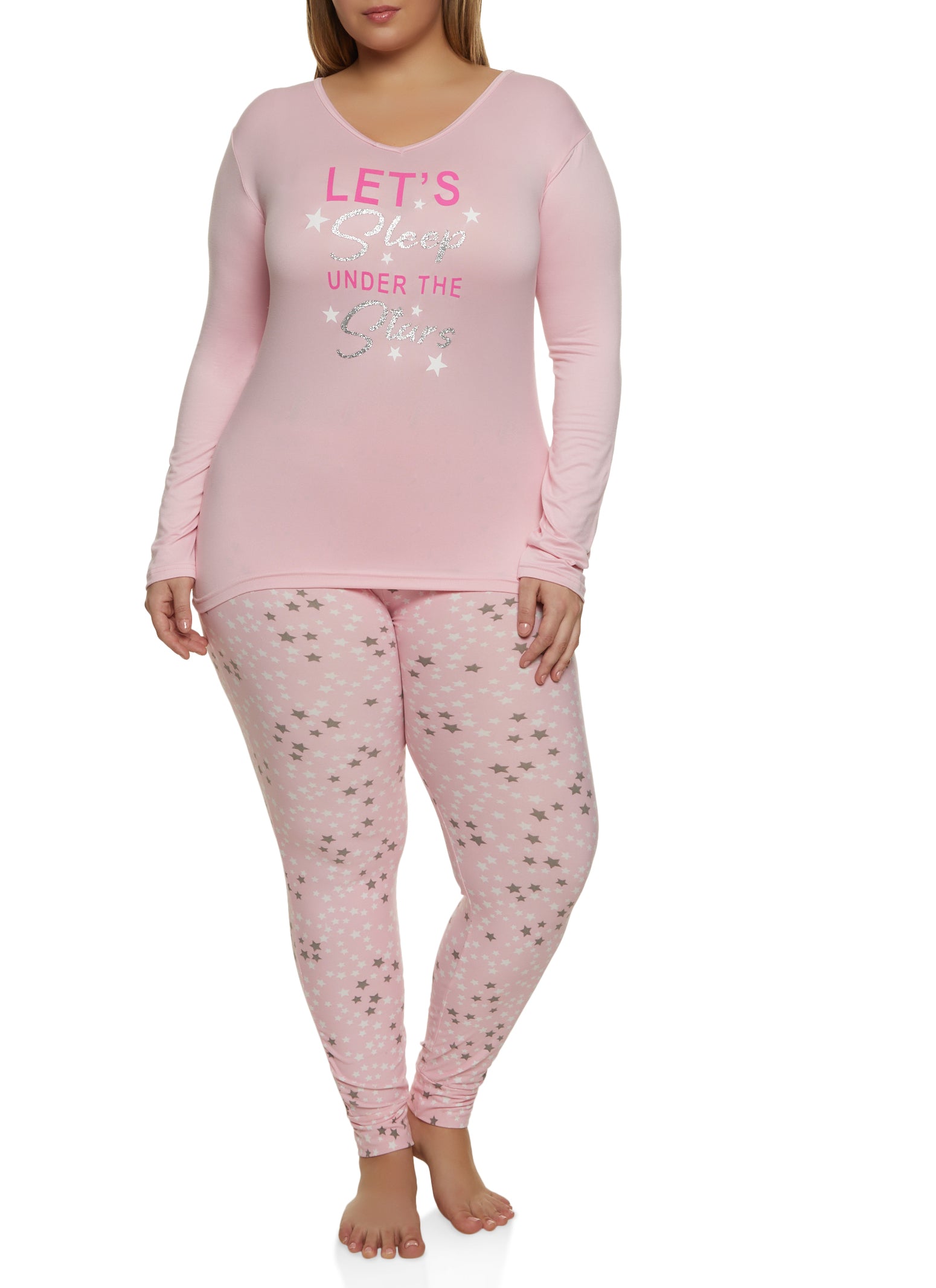 Rainbow Shops Womens Plus Size Under the Stars Pajama Top and Printed Lounge  Pants, Pink, Size 3X