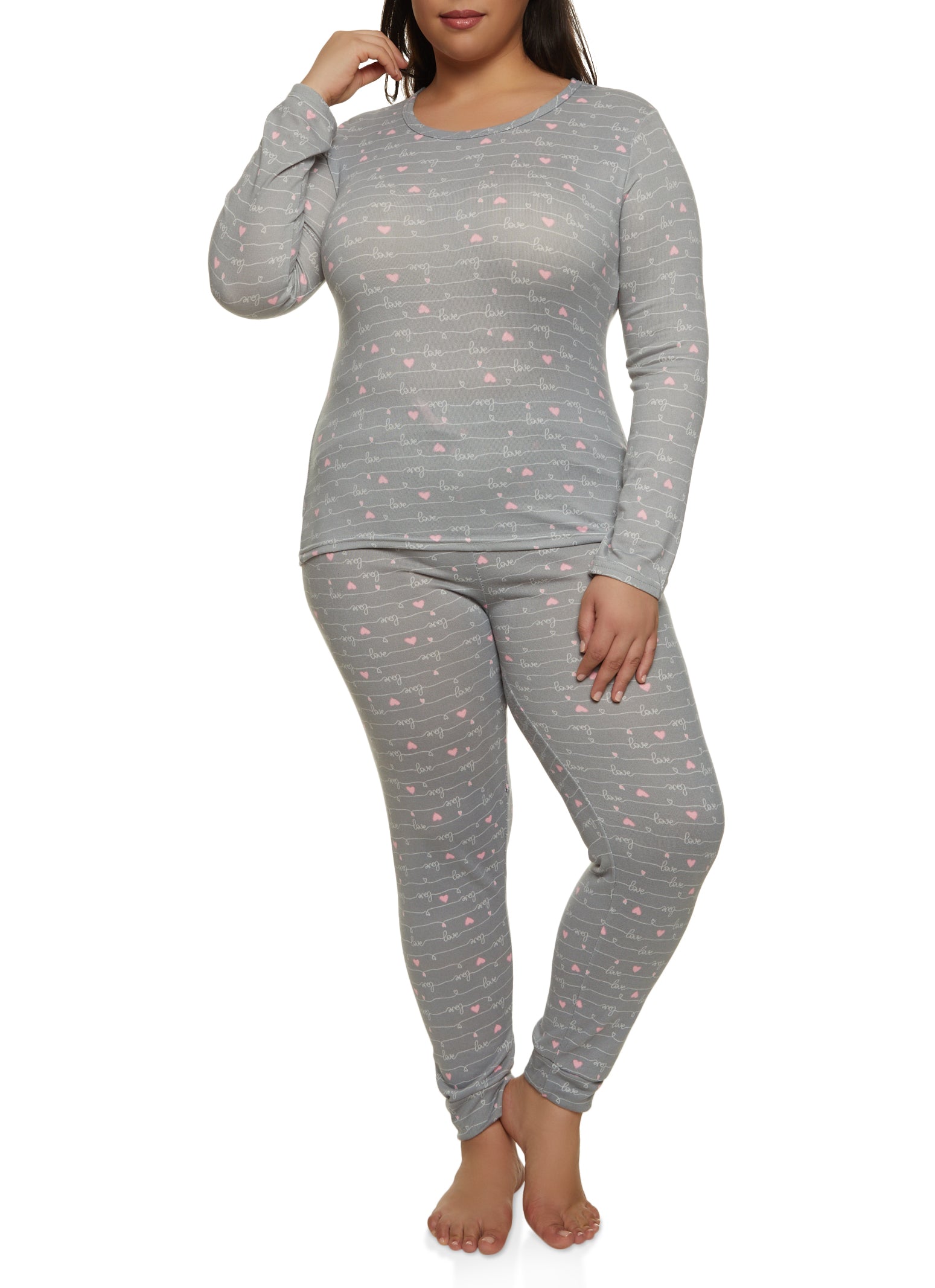 Rainbow Shops Womens Plus Size Love Heartbeat Print Pajama Top and Pants  Set, Grey, Size 1X