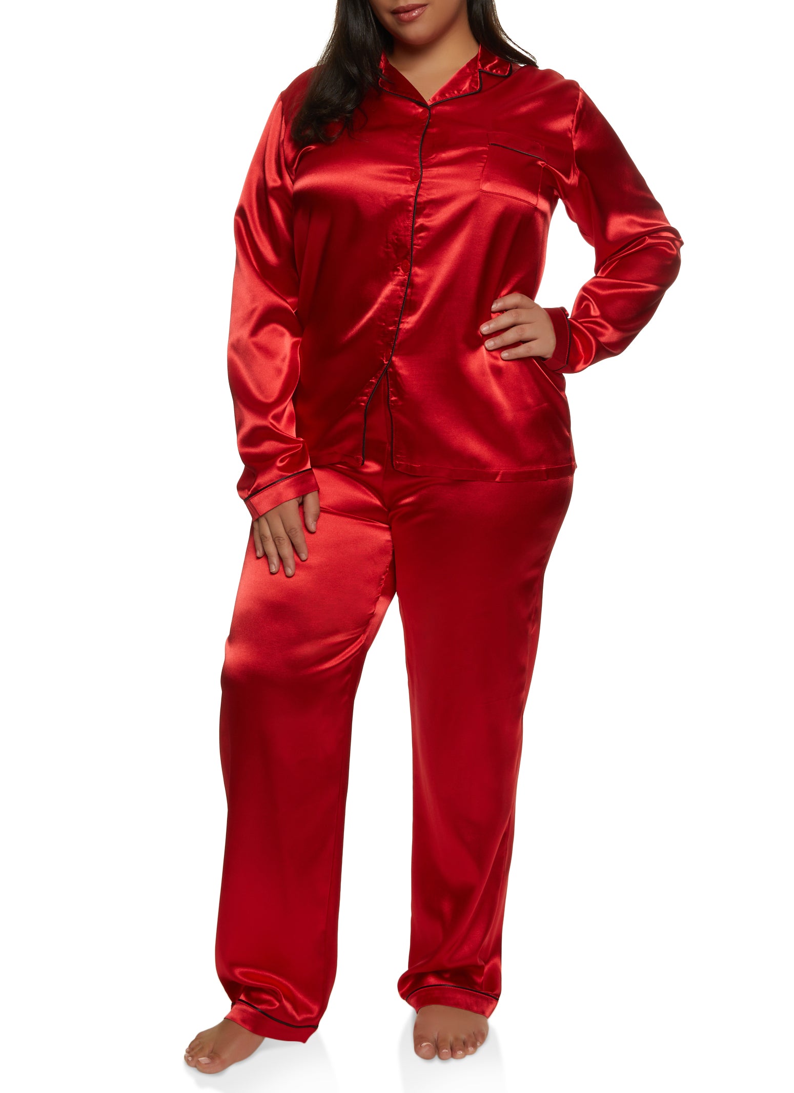 Rainbow Shops Womens Plus Size Satin Contrast Trim Pajama Shirt and Pants  Set, Red, Size 3X