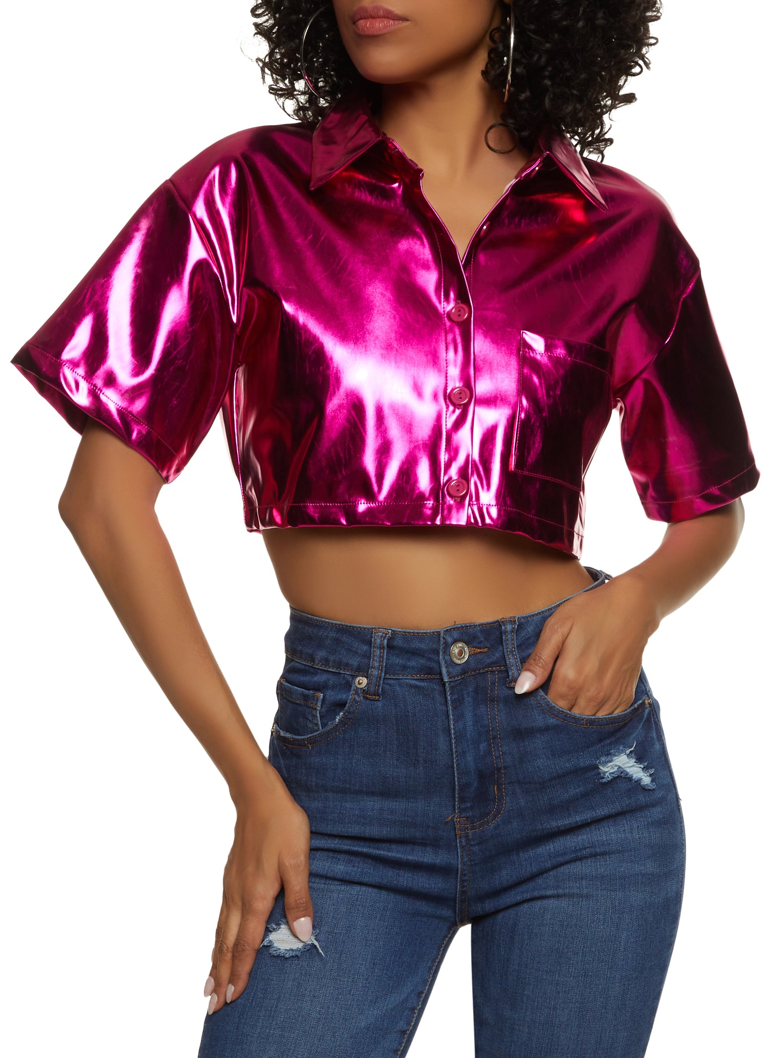 Womens Faux Leather Metallic Boxy Cropped Shirt, Pink, Size M