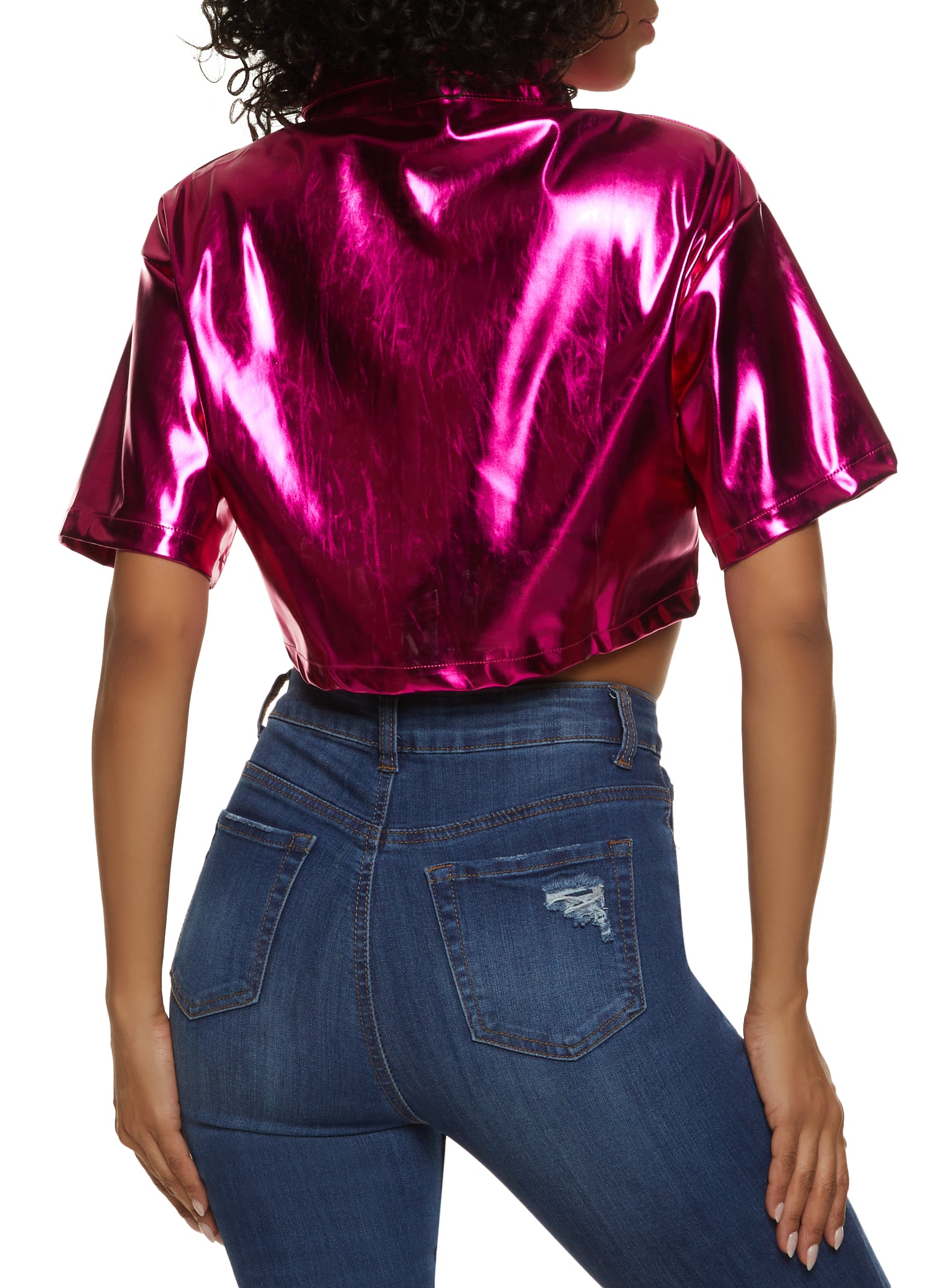 Womens Faux Leather Metallic Boxy Cropped Shirt, Pink, Size M