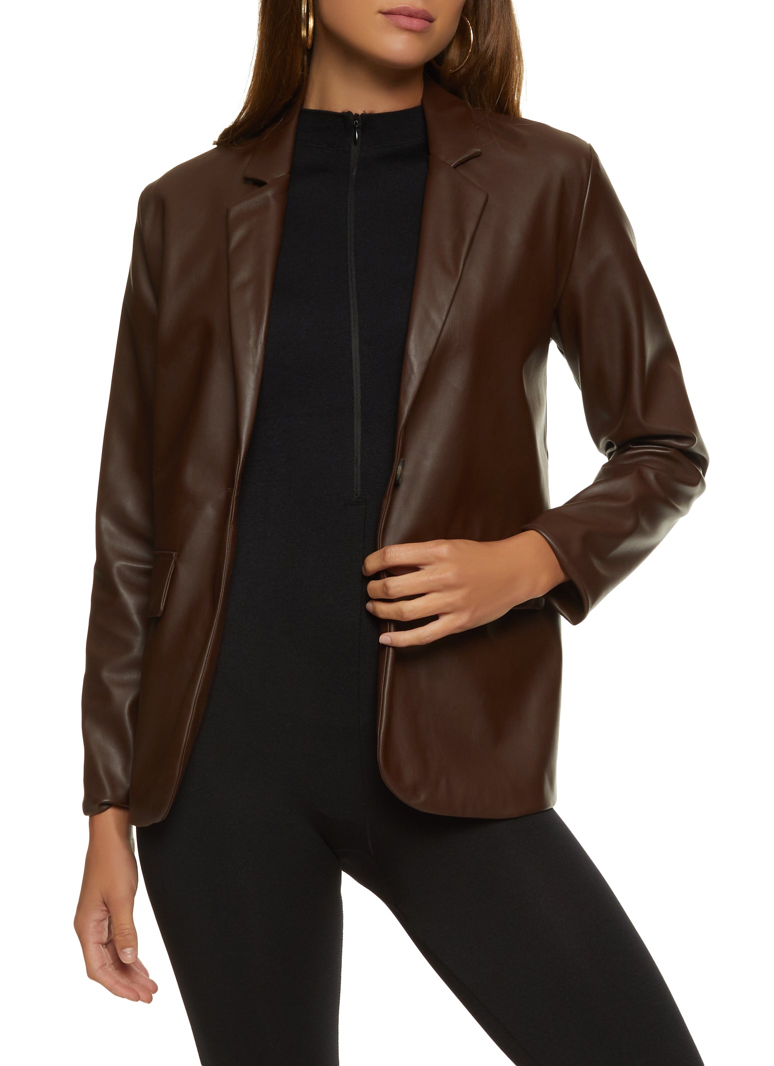 Women's Black Blazer, Beige Satin Pumps, Dark Brown Print Leather