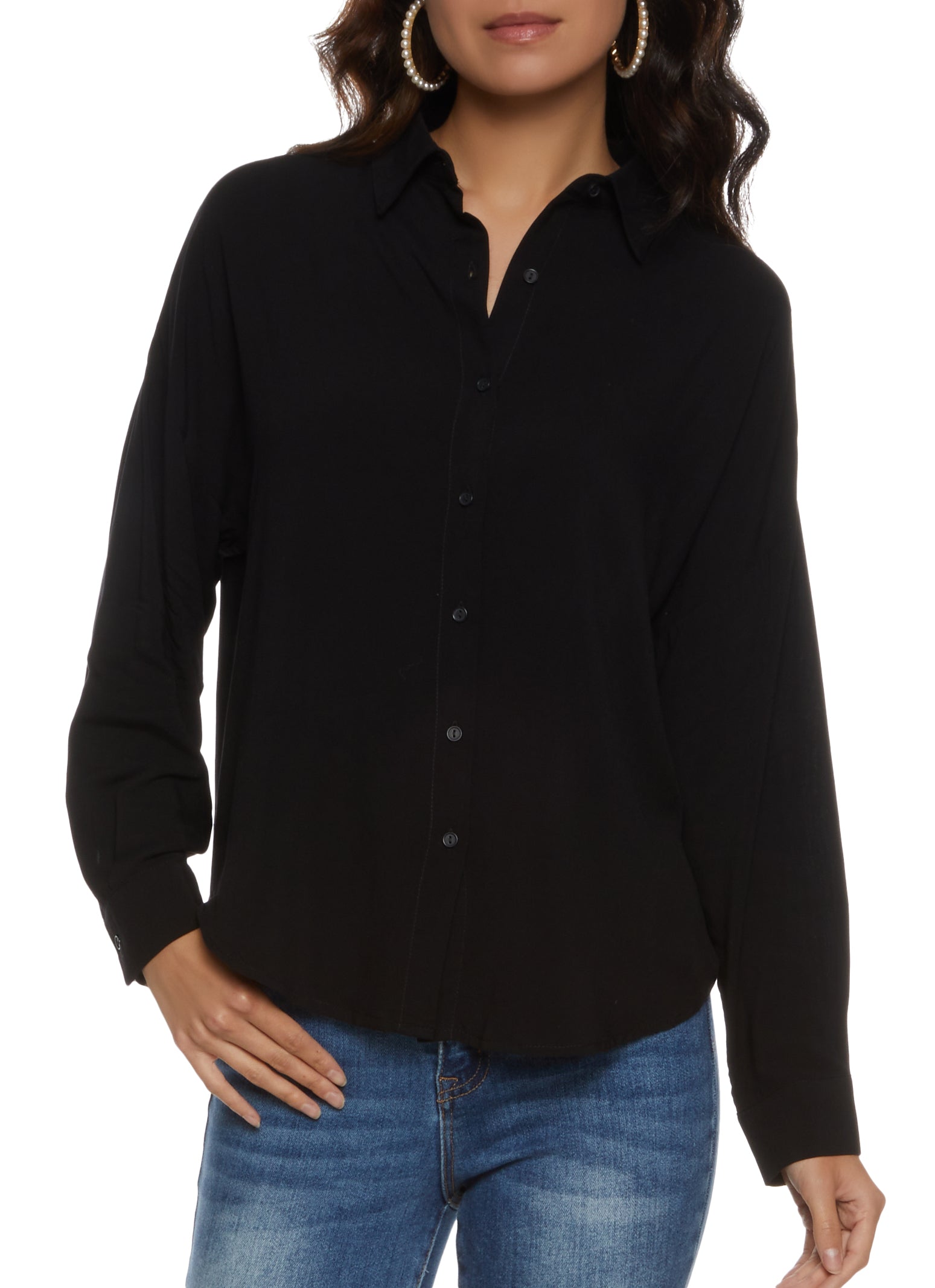 Womens Solid Long Sleeve Button Front Shirt,