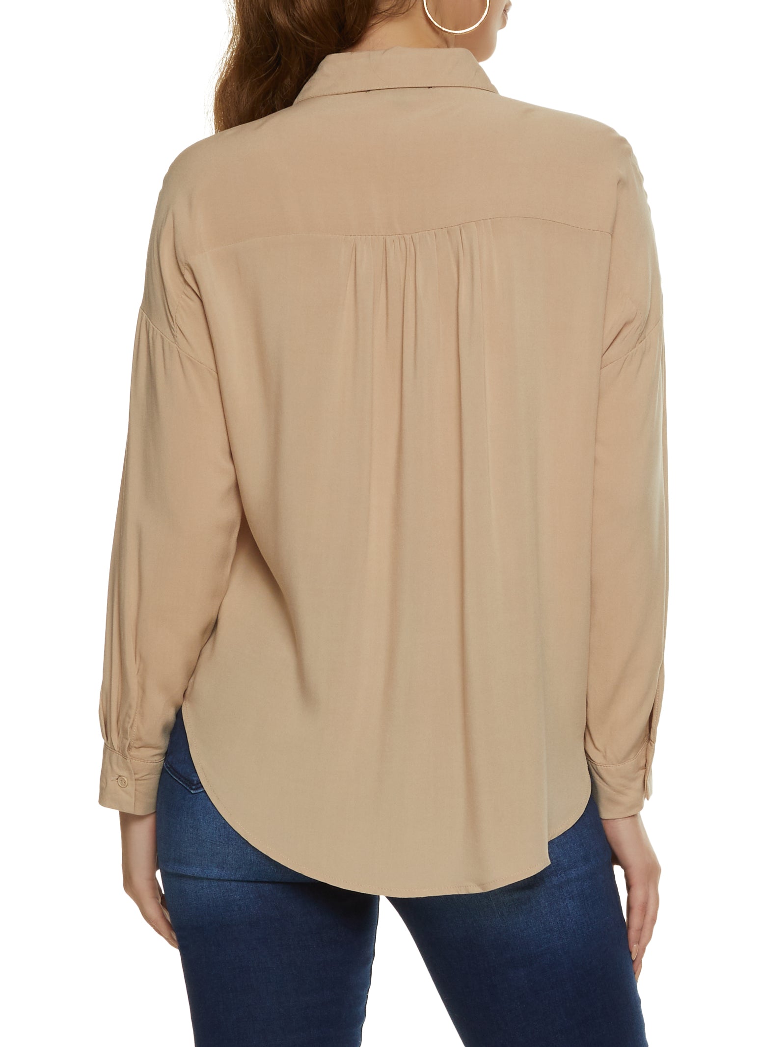 Womens Solid Long Sleeve Button Front Shirt,