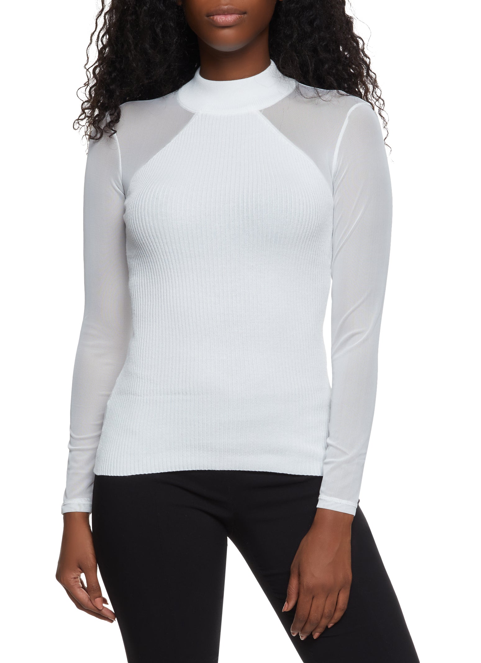 Mesh Insert Rib Knit Mock Neck Top