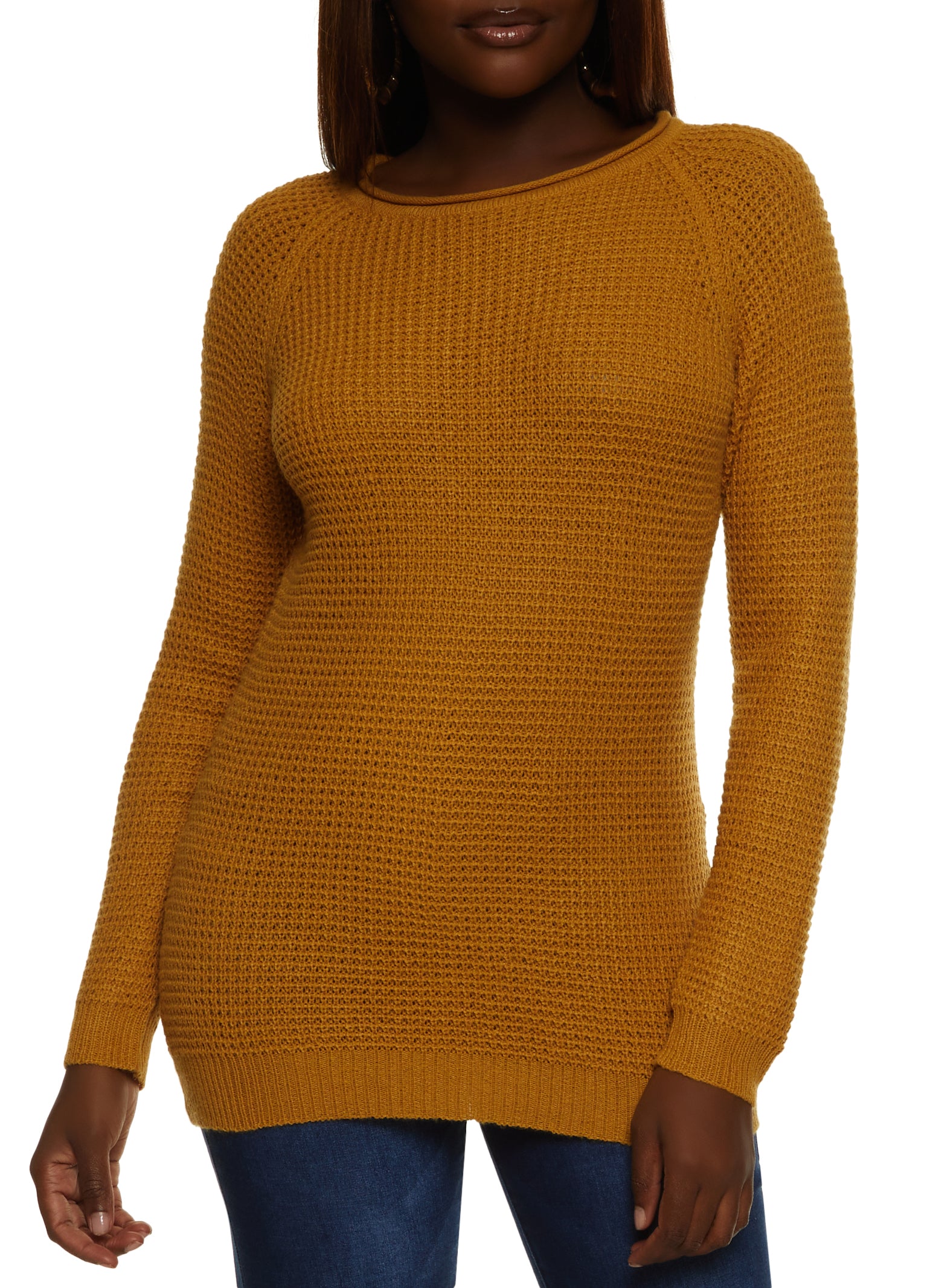 Womens Waffle Knit Crew Neck Pullover Sweater, Yellow, Size S