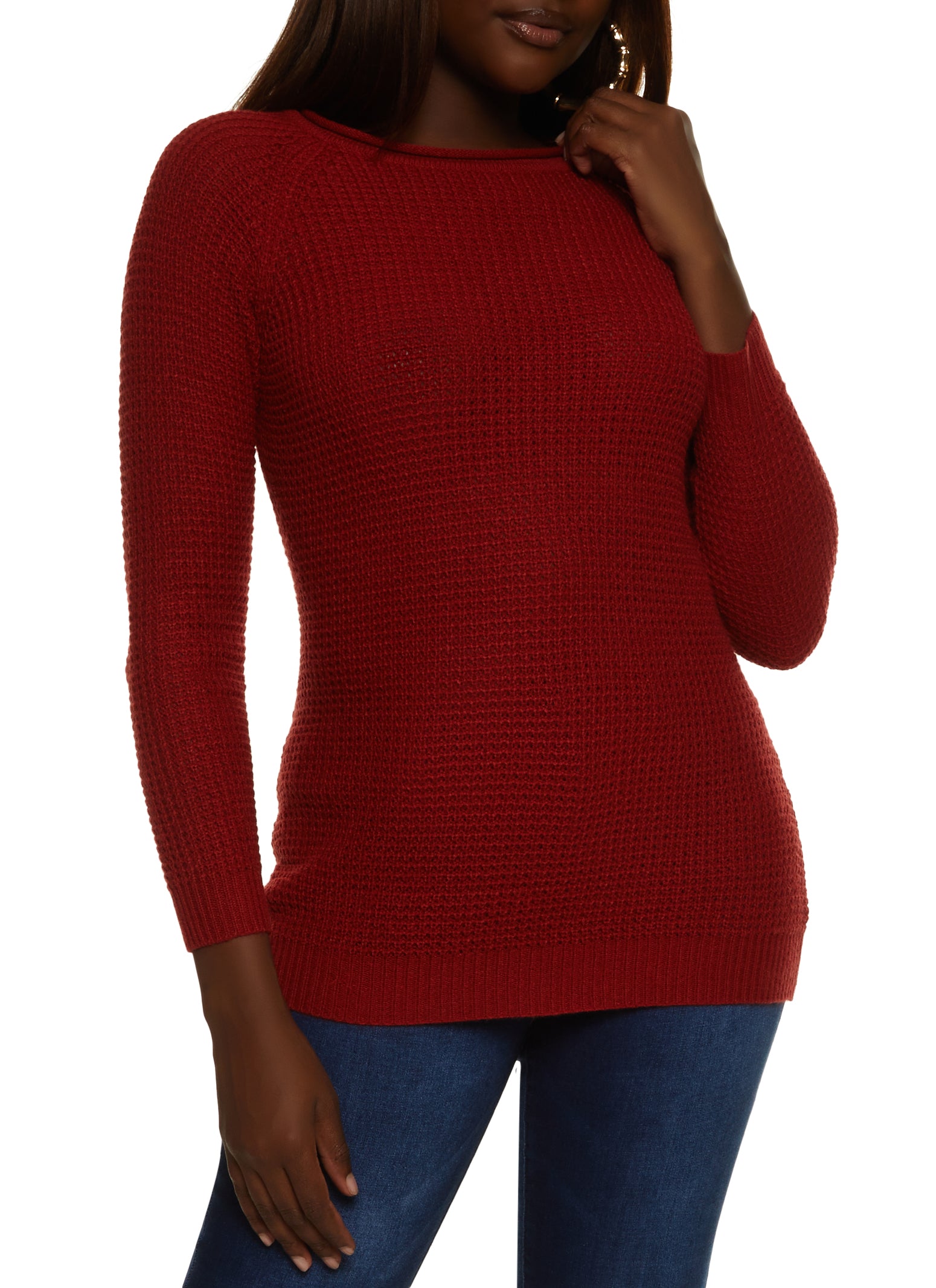 Womens Waffle Knit Crew Neck Pullover Sweater, Burgundy, Size S