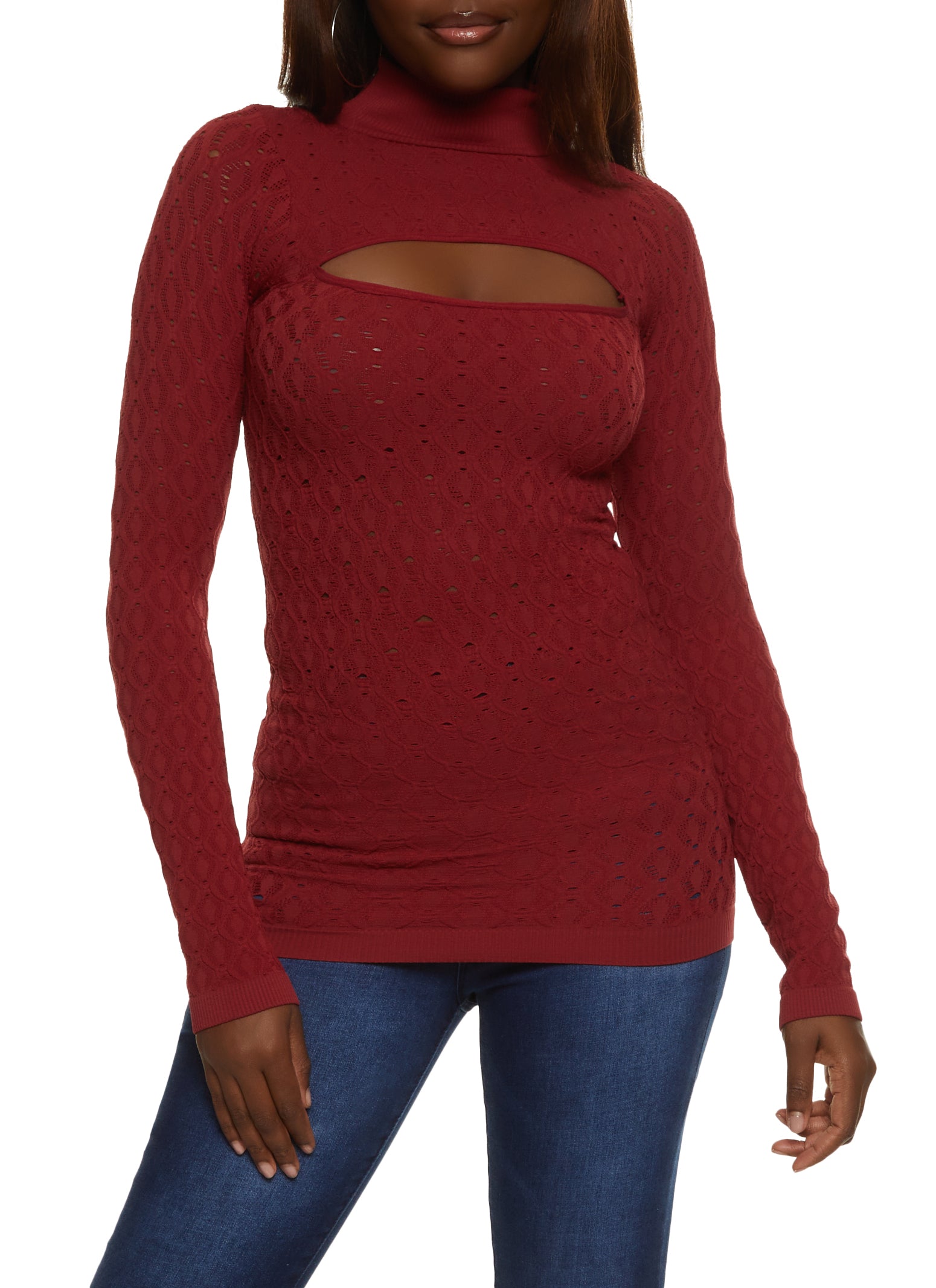 Womens Textured Knit Cut Out Turtleneck Seamless Top, Burgundy, Size M