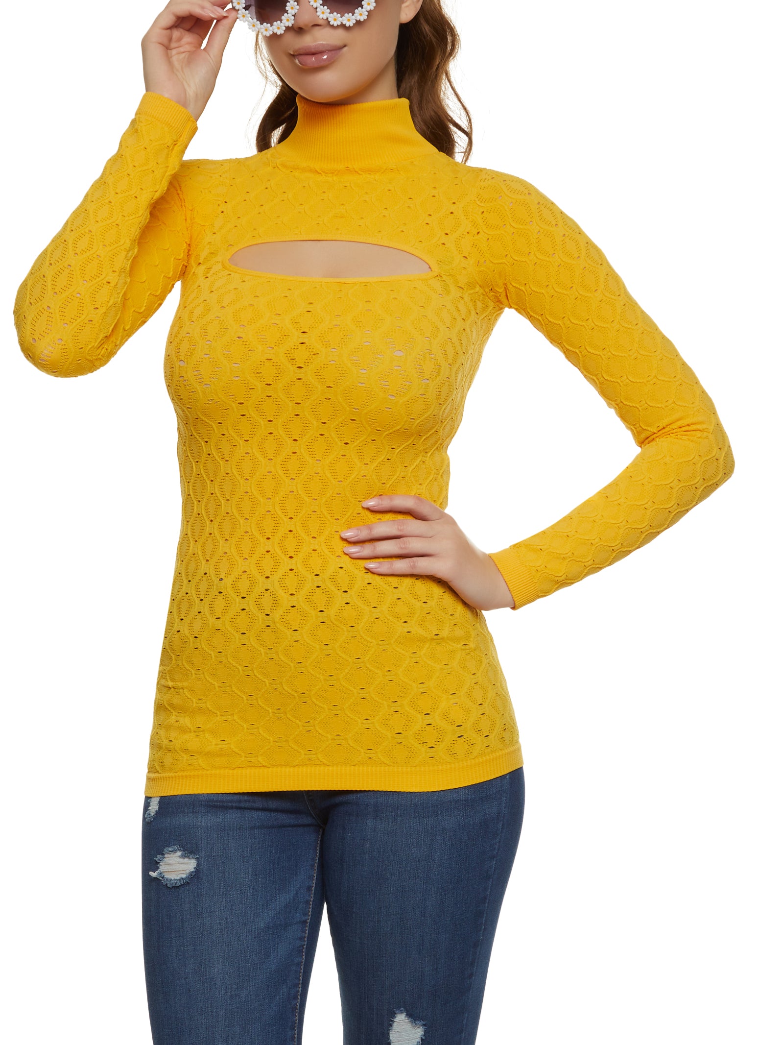 Womens Textured Knit Cut Out Turtleneck Seamless Top, Yellow, Size M