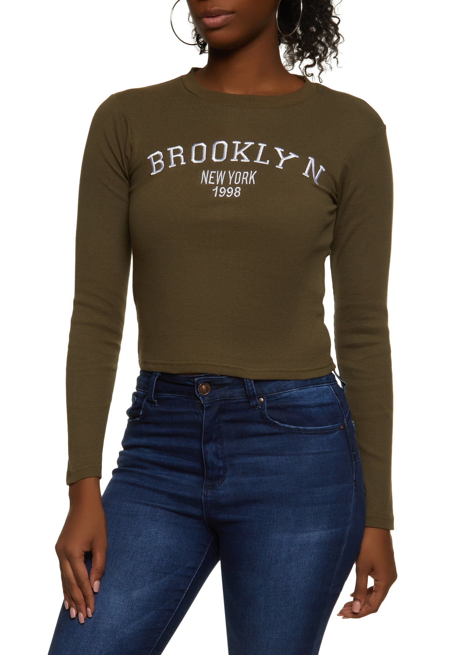 Womens Brooklyn New York Embroidered Long Sleeve Tee, Green, Size M