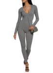 V-neck Knit Ribbed Long Sleeves Jumpsuit