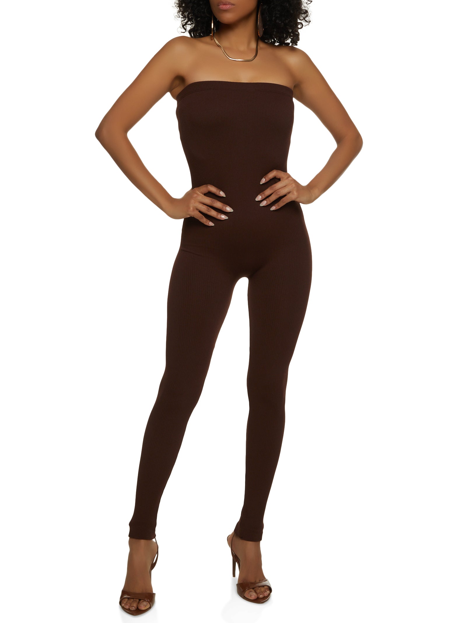 Womens Strapless Ribbed Knit Catsuit, Brown, Size L