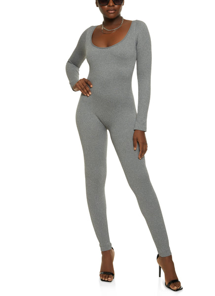 Knit Long Sleeves Scoop Neck Ribbed Jumpsuit