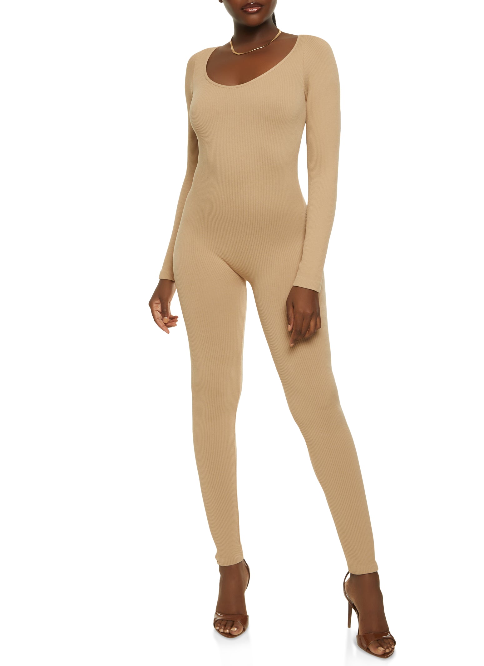 Womens Solid Ribbed Seamless Jumpsuit, Beige, Size L