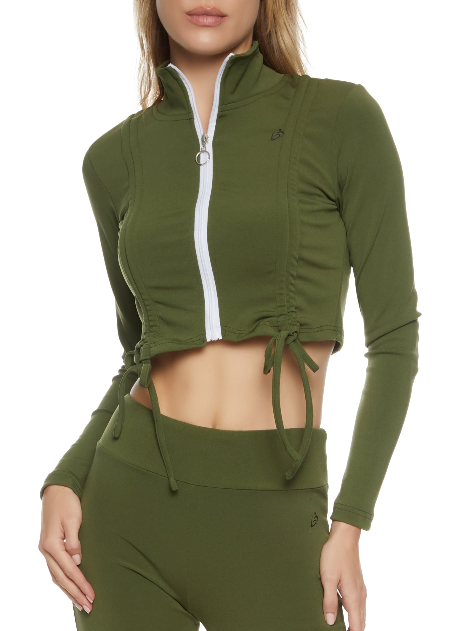 Womens Ruched Drawstring Cropped Track Jacket, Green,