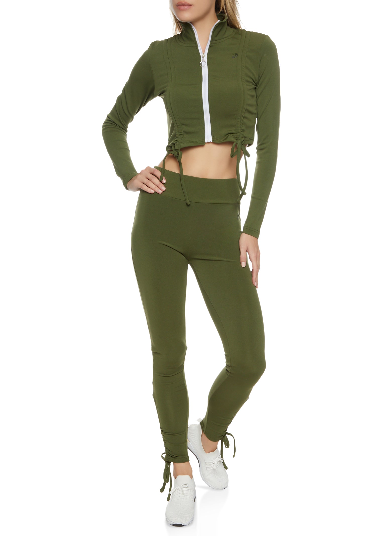 Womens Ruched Drawstring Cropped Track Jacket, Green,