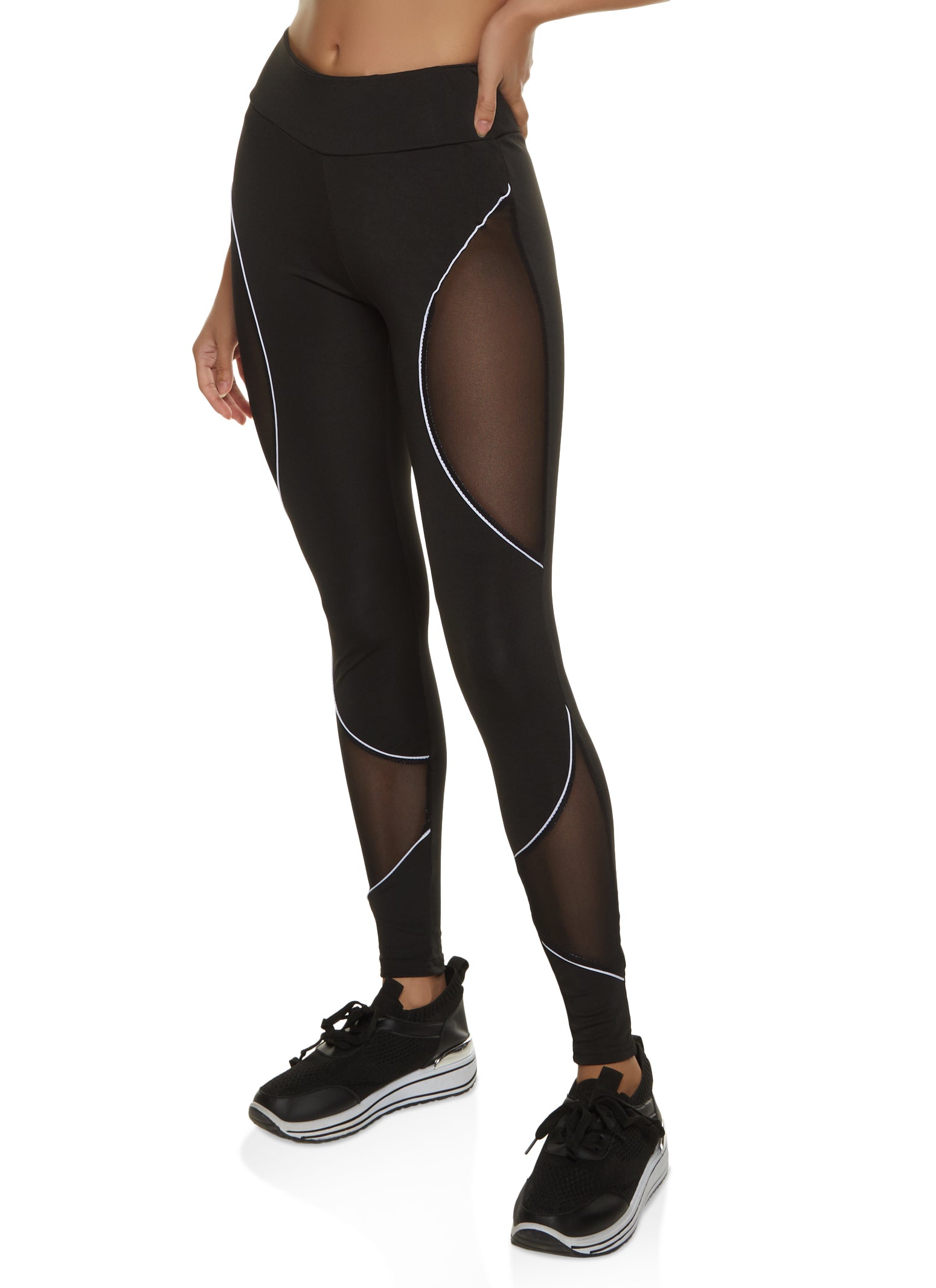 Womens Contrast Trim Mesh Insert Active Leggings, Black,