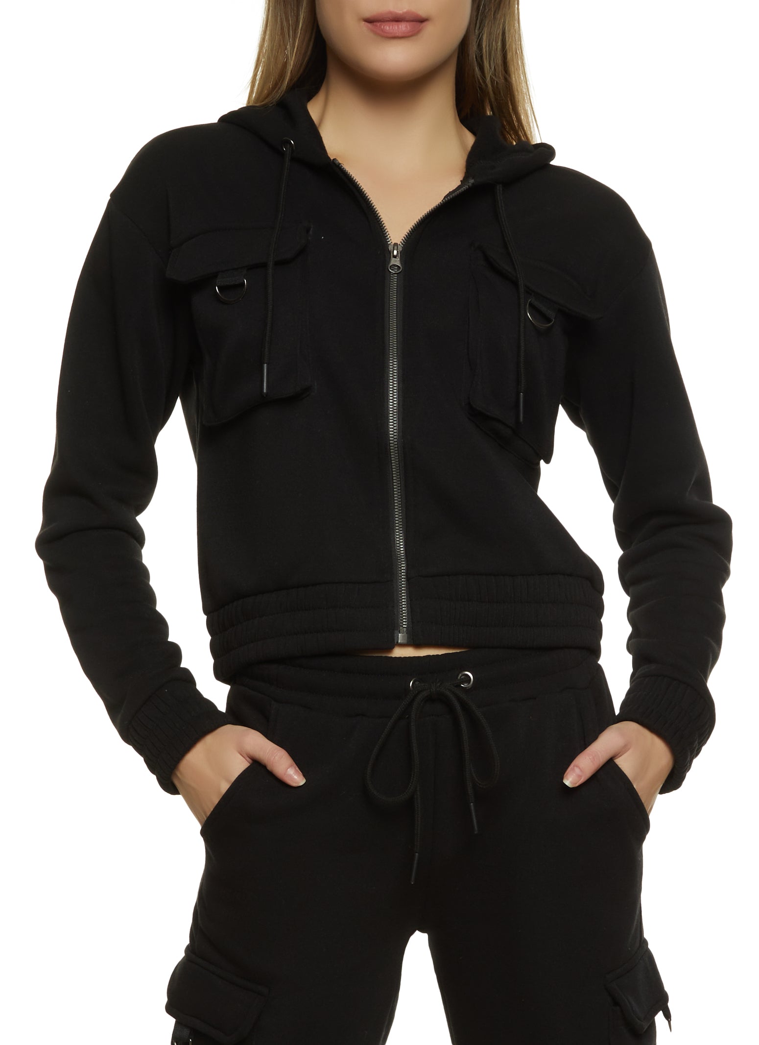 Womens Fleece Cargo Pocket Zip Front Hoodie,