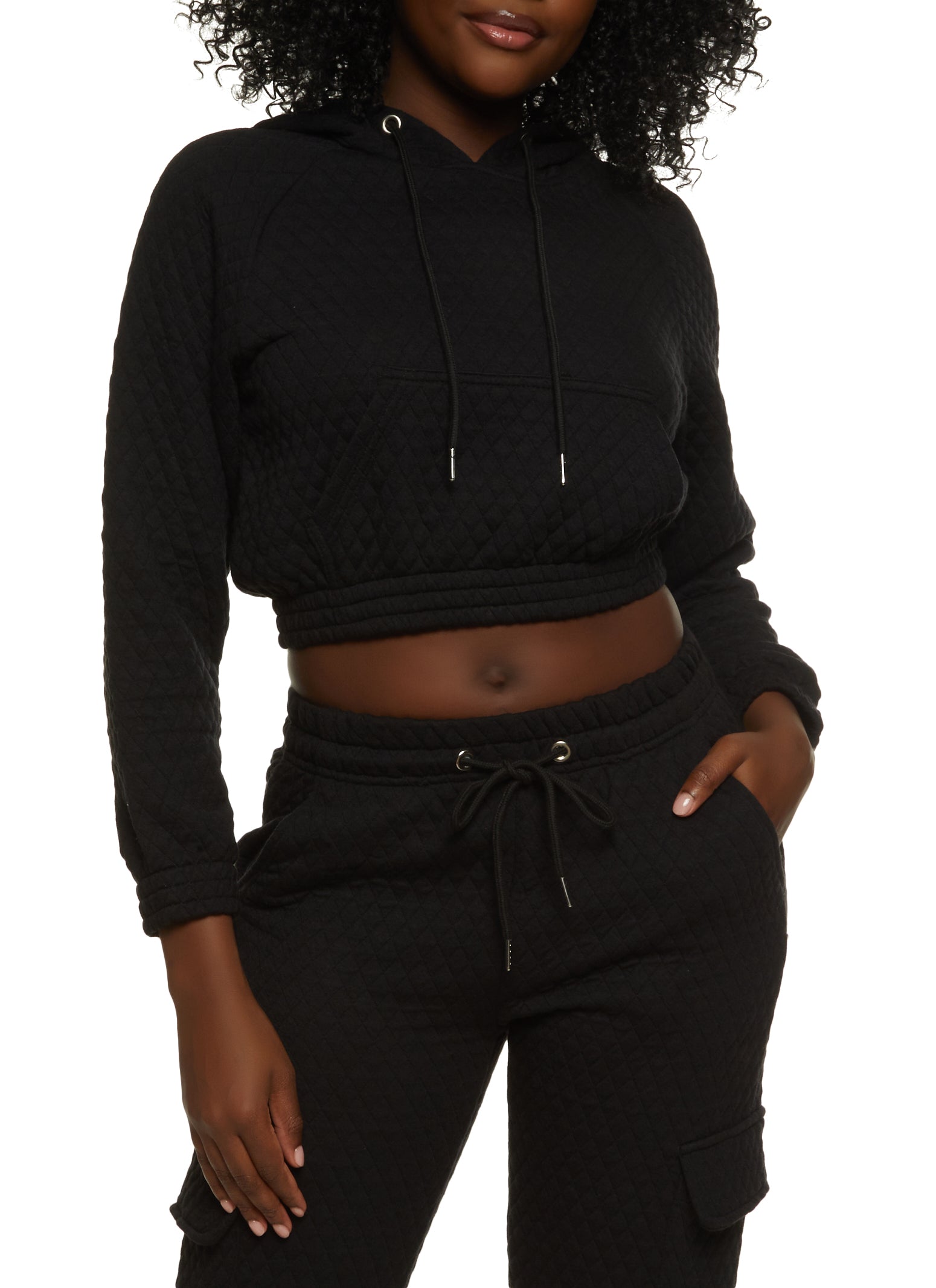 Womens Quilted Cropped Pullover Hoodie, Black, Size M