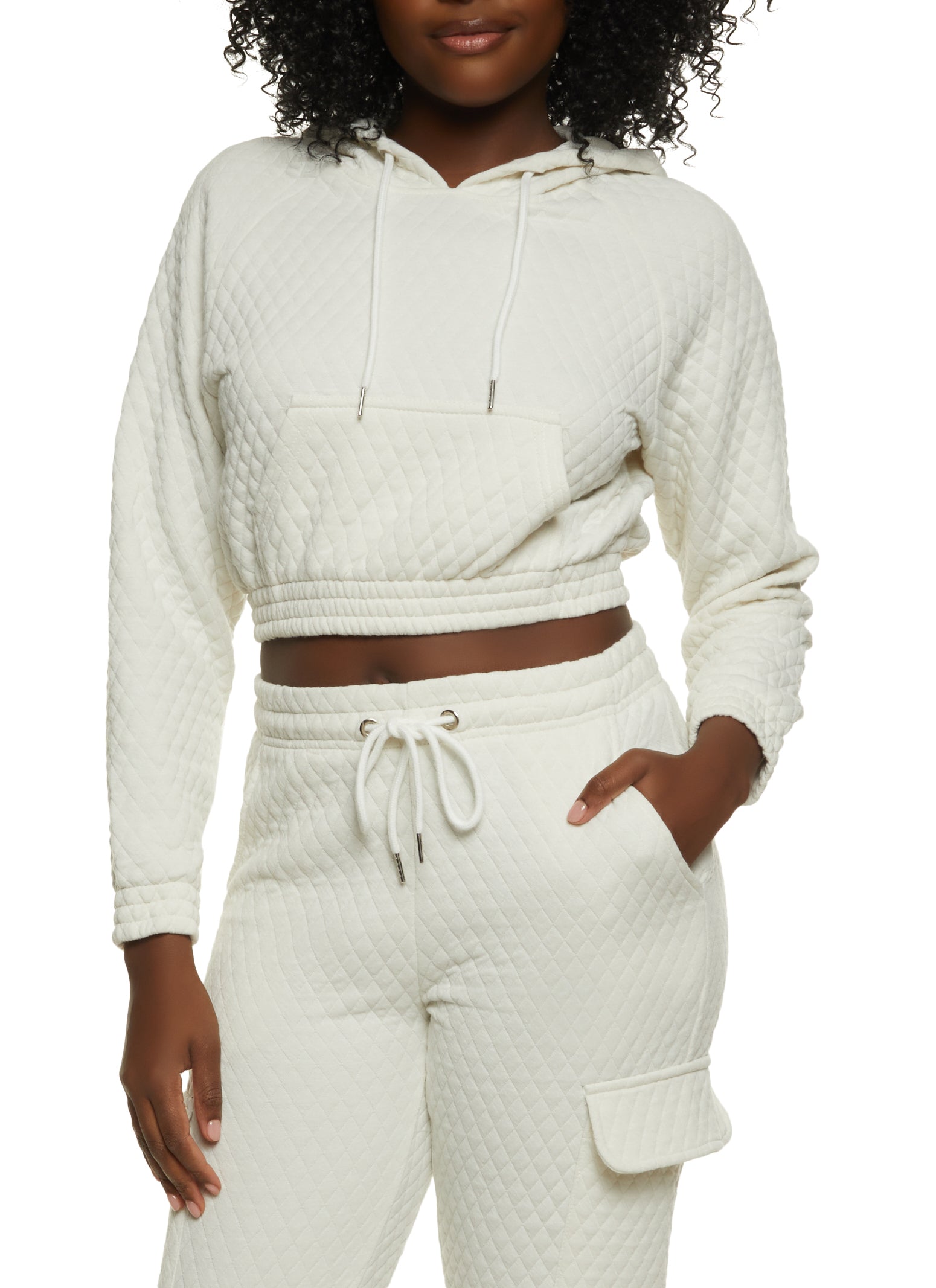 Womens Quilted Cropped Pullover Hoodie, White, Size M