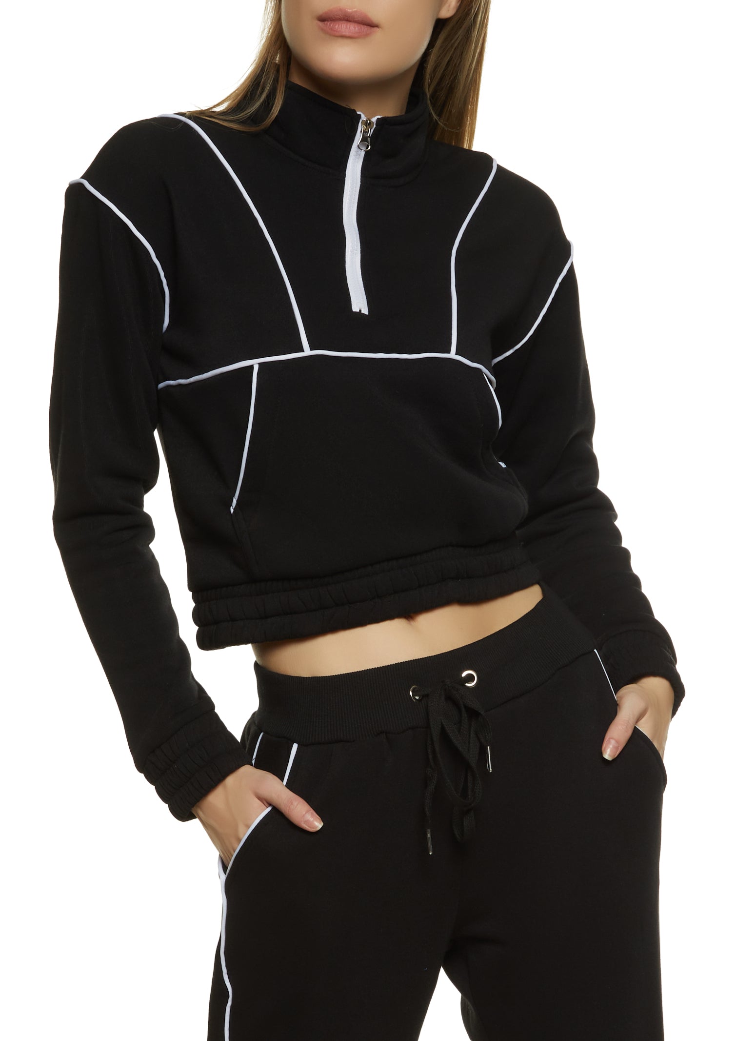 Womens Contrast Piping Half Zip Sweatshirt, Black,