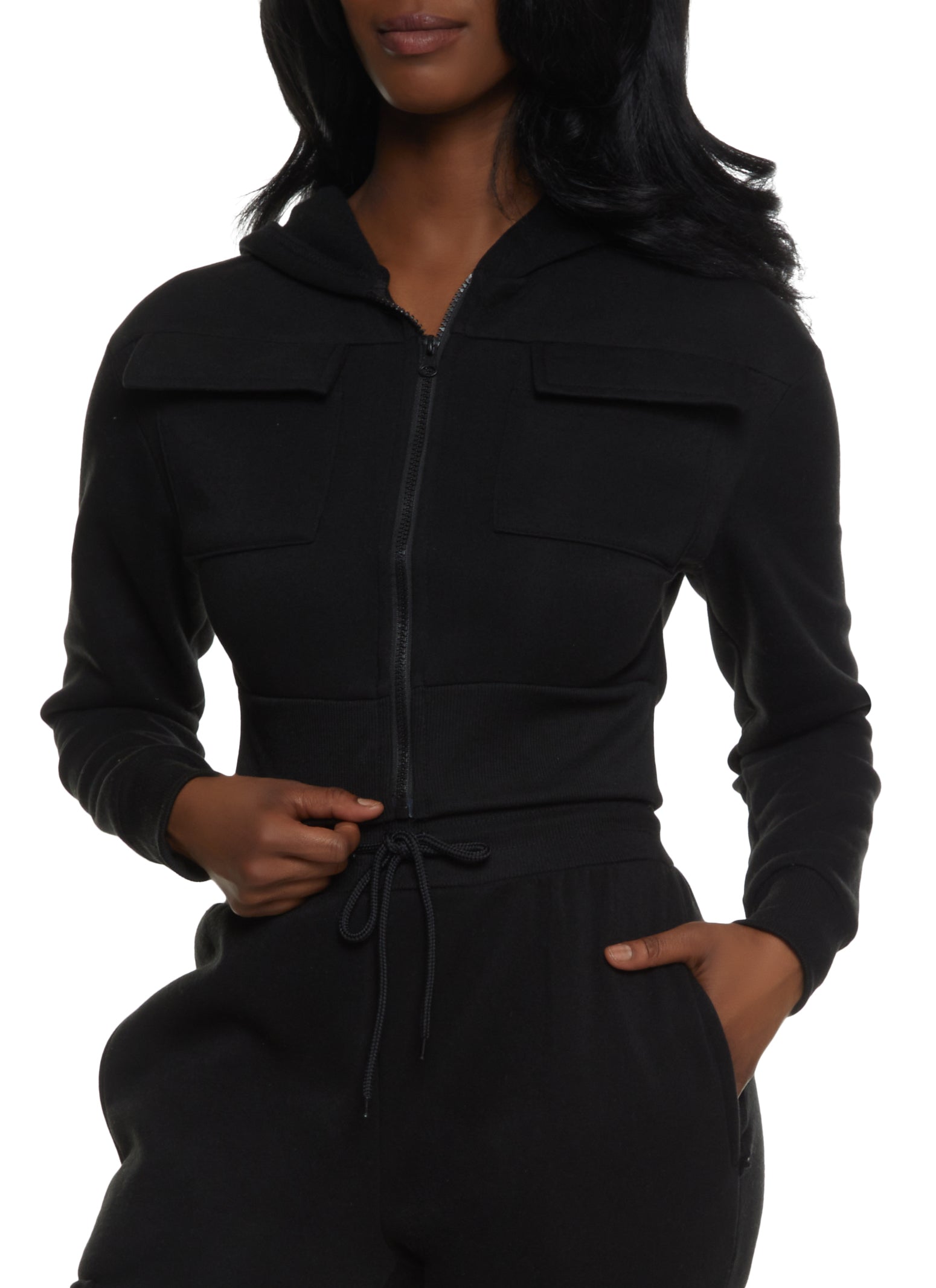 Womens Cargo Pocket Zip Front Cropped Hoodie, Black, Size XL