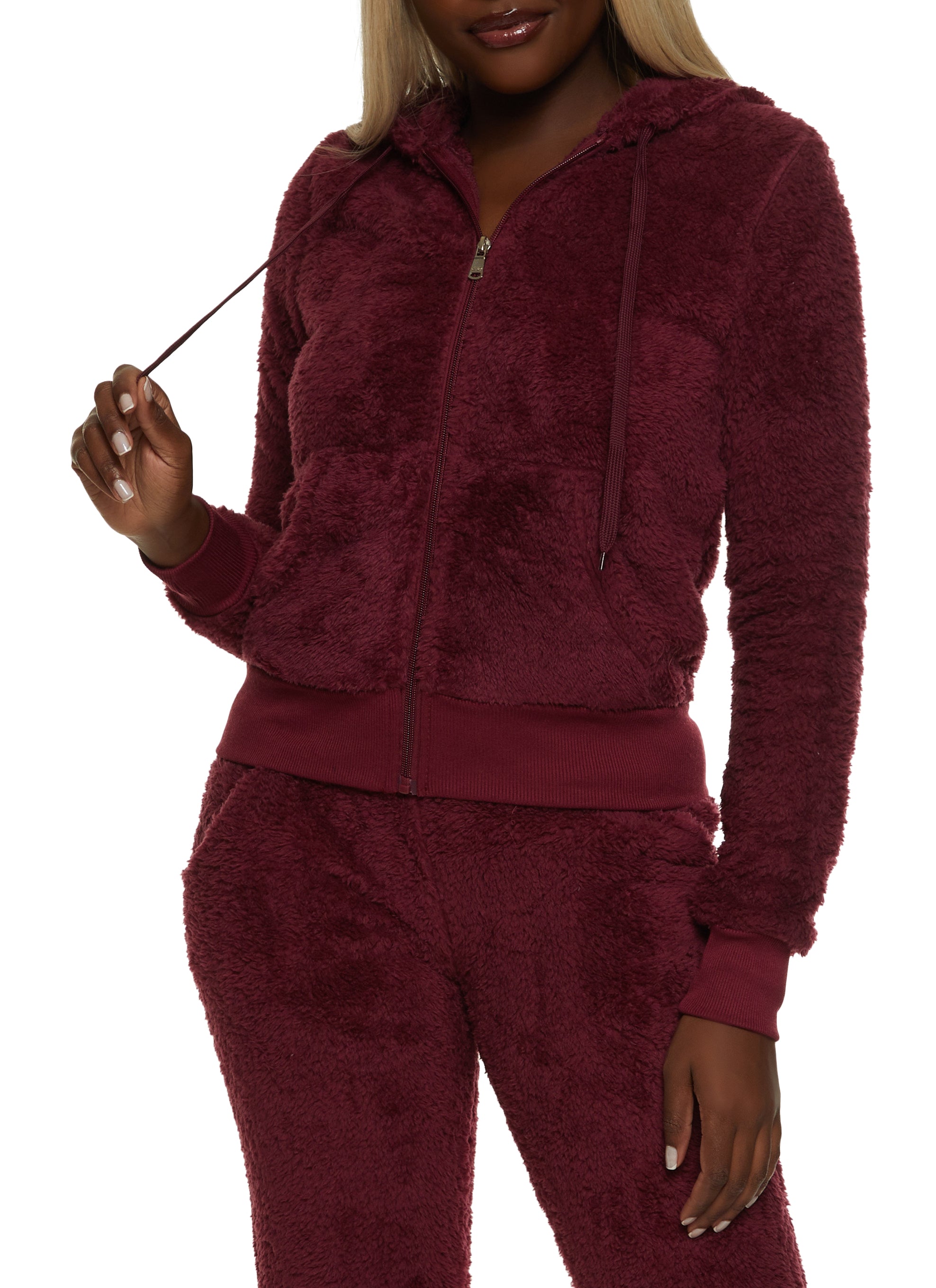 Womens Faux Fur Zip Front Hooded Sweatshirt, Burgundy, Size S