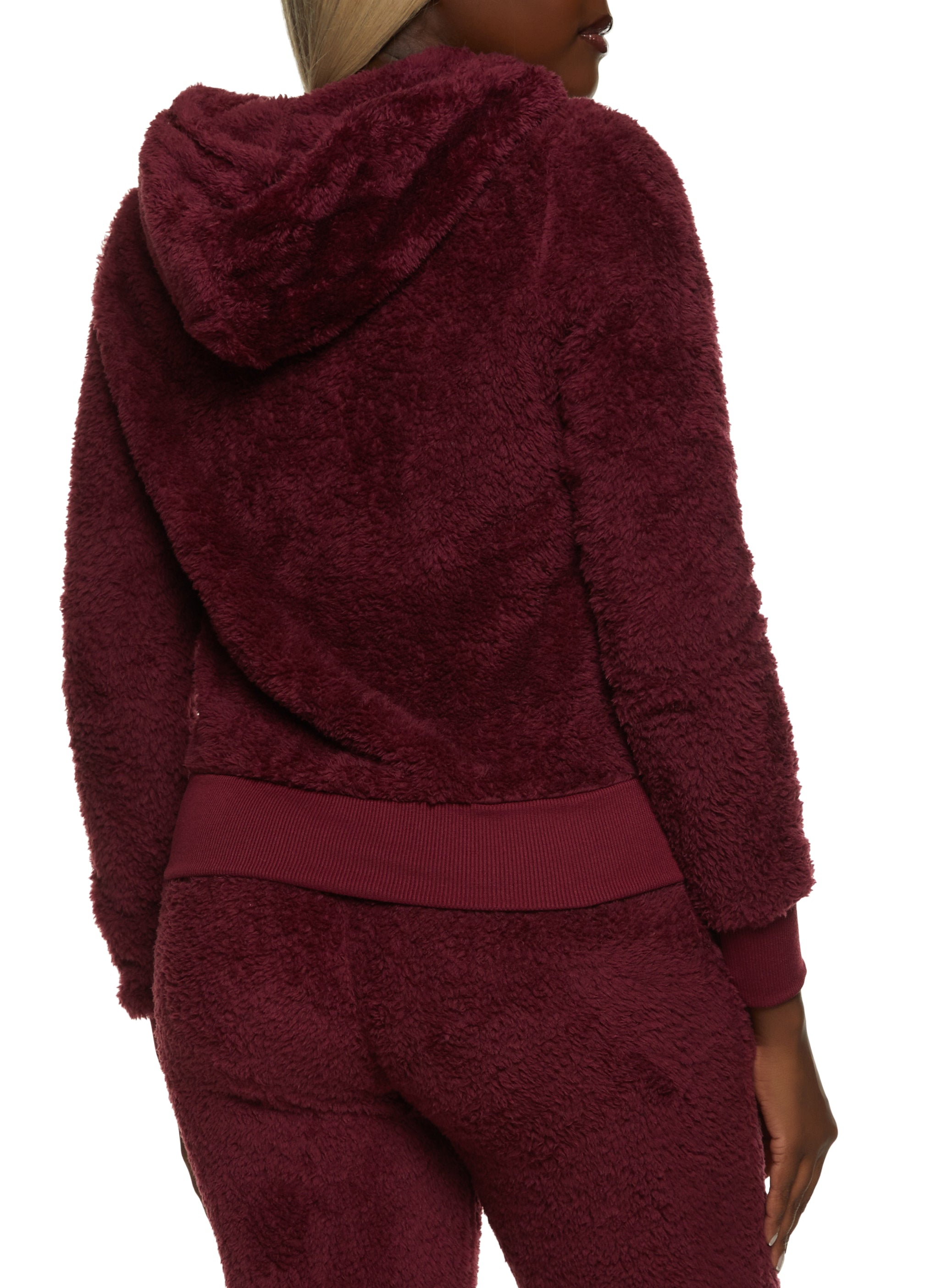 Womens Faux Fur Zip Front Hooded Sweatshirt, Burgundy, Size S