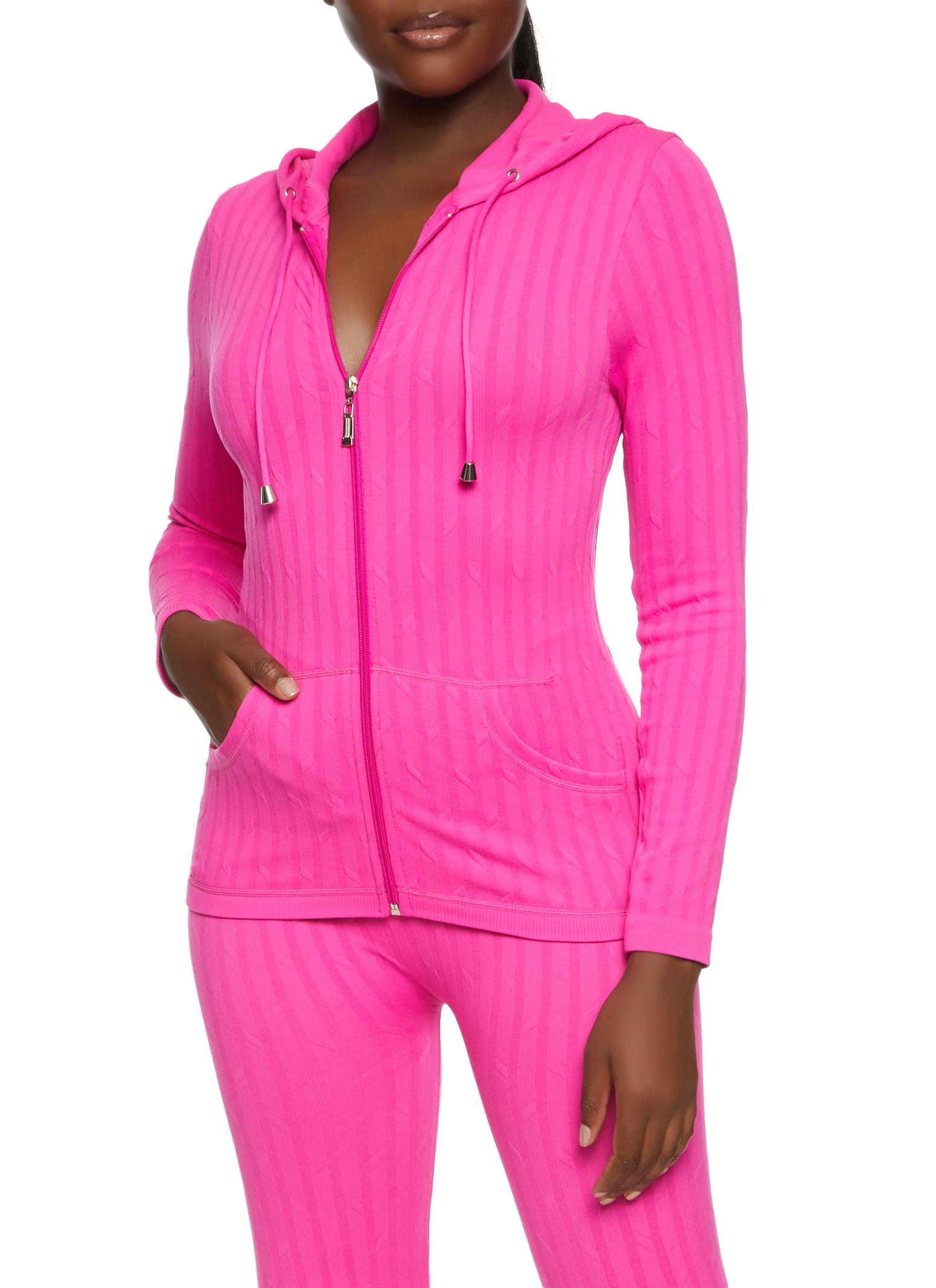 Womens Seamless Ribbed Zip Front Hoodie, Pink, Size S-M