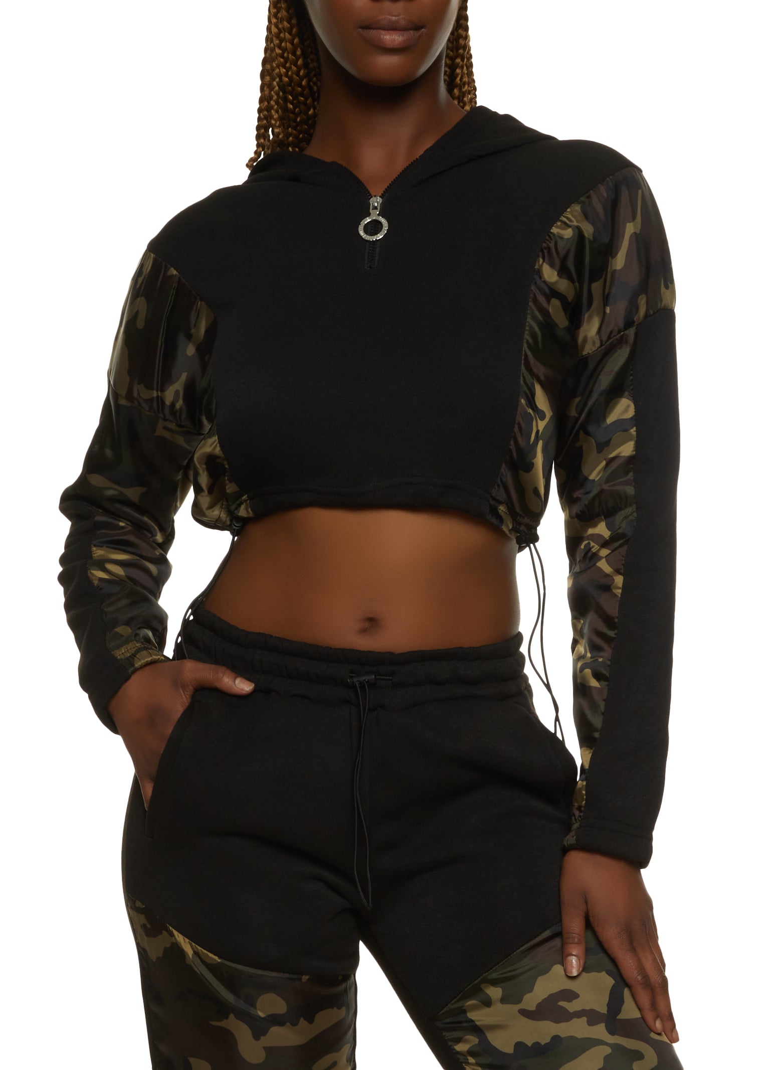 Rainbow Shops Womens Cropped Camo Color Block Pullover Hoodie