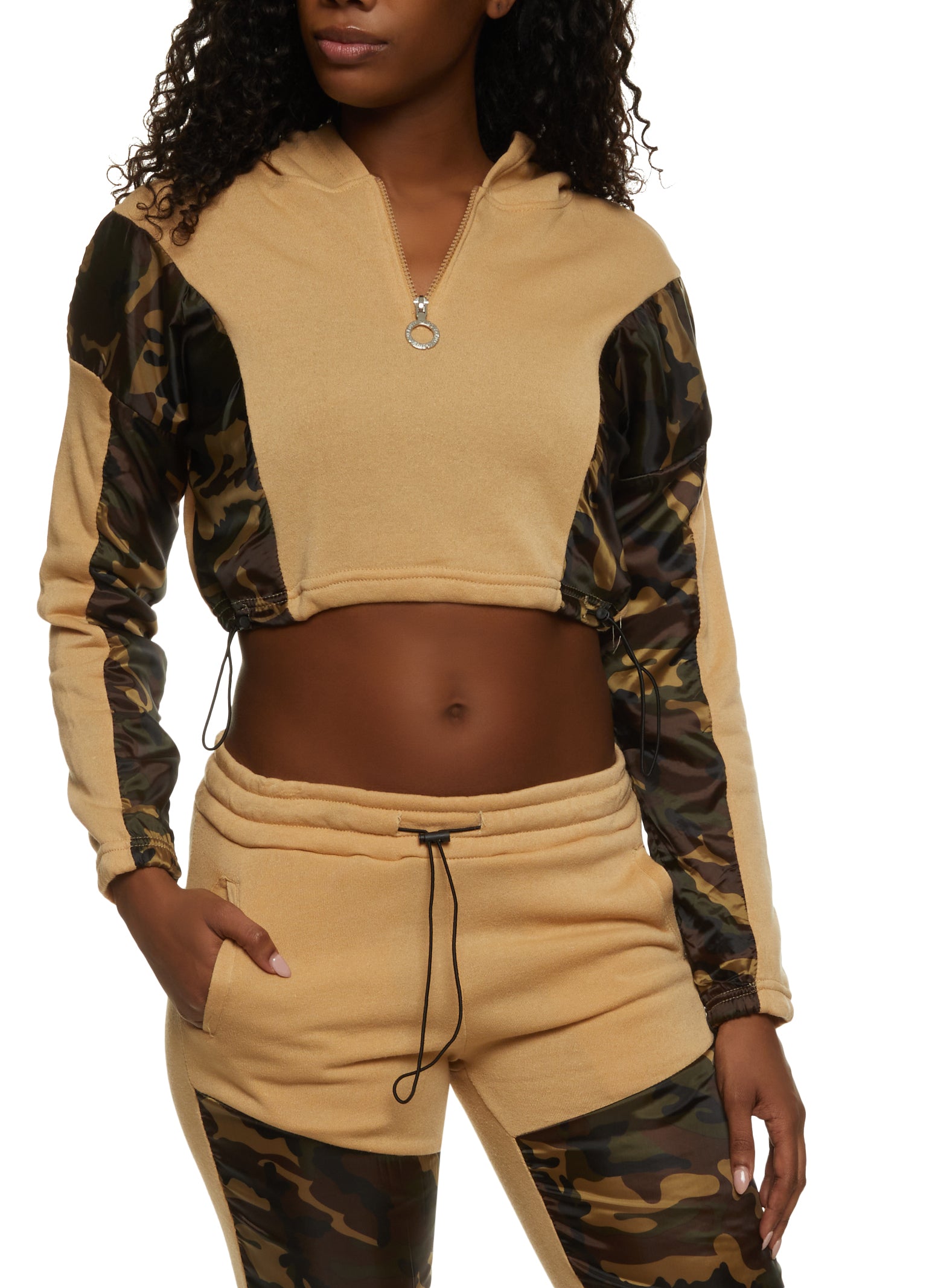 Womens Cropped Camo Color Block Pullover Hoodie, Multi, Size S