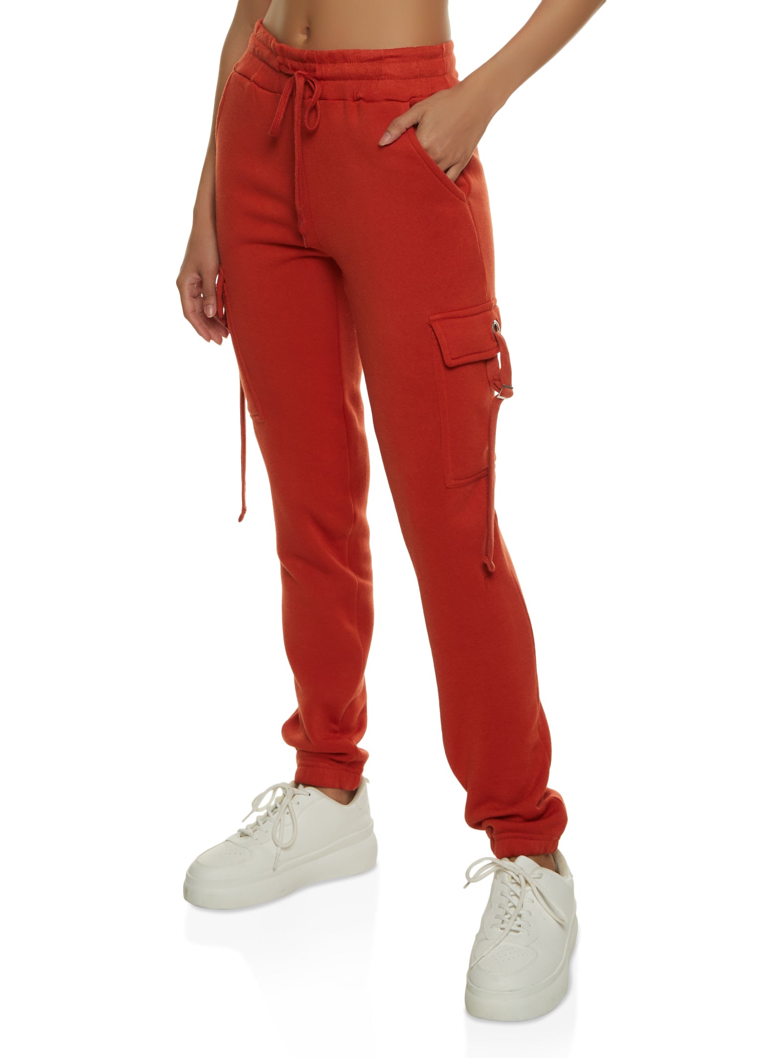 Rainbow Shops Womens Cargo Pocket Fleece Drawstring Sweatpants, Orange,  Size XL