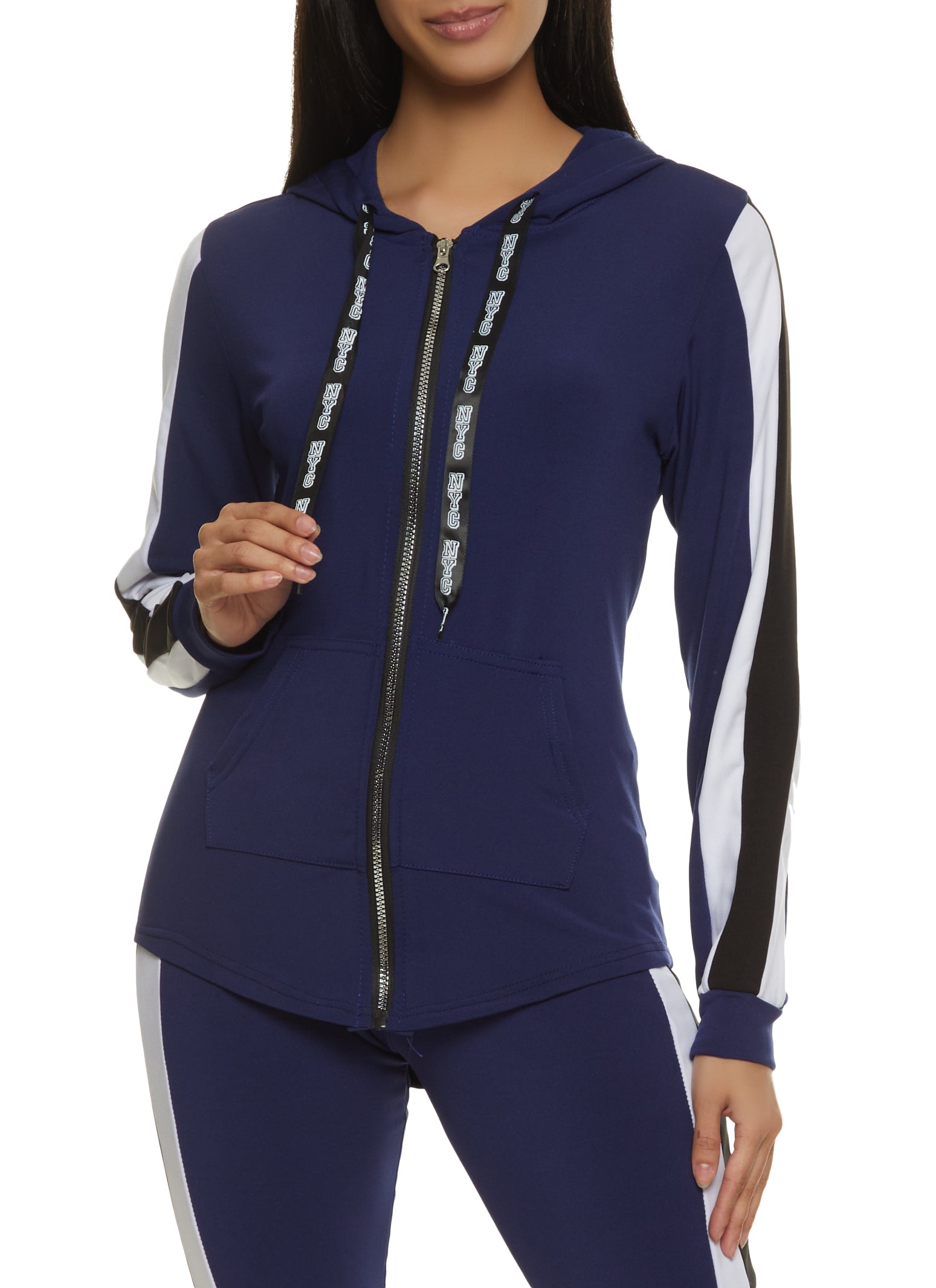 Womens Striped Zip Front Hooded Track Jacket,
