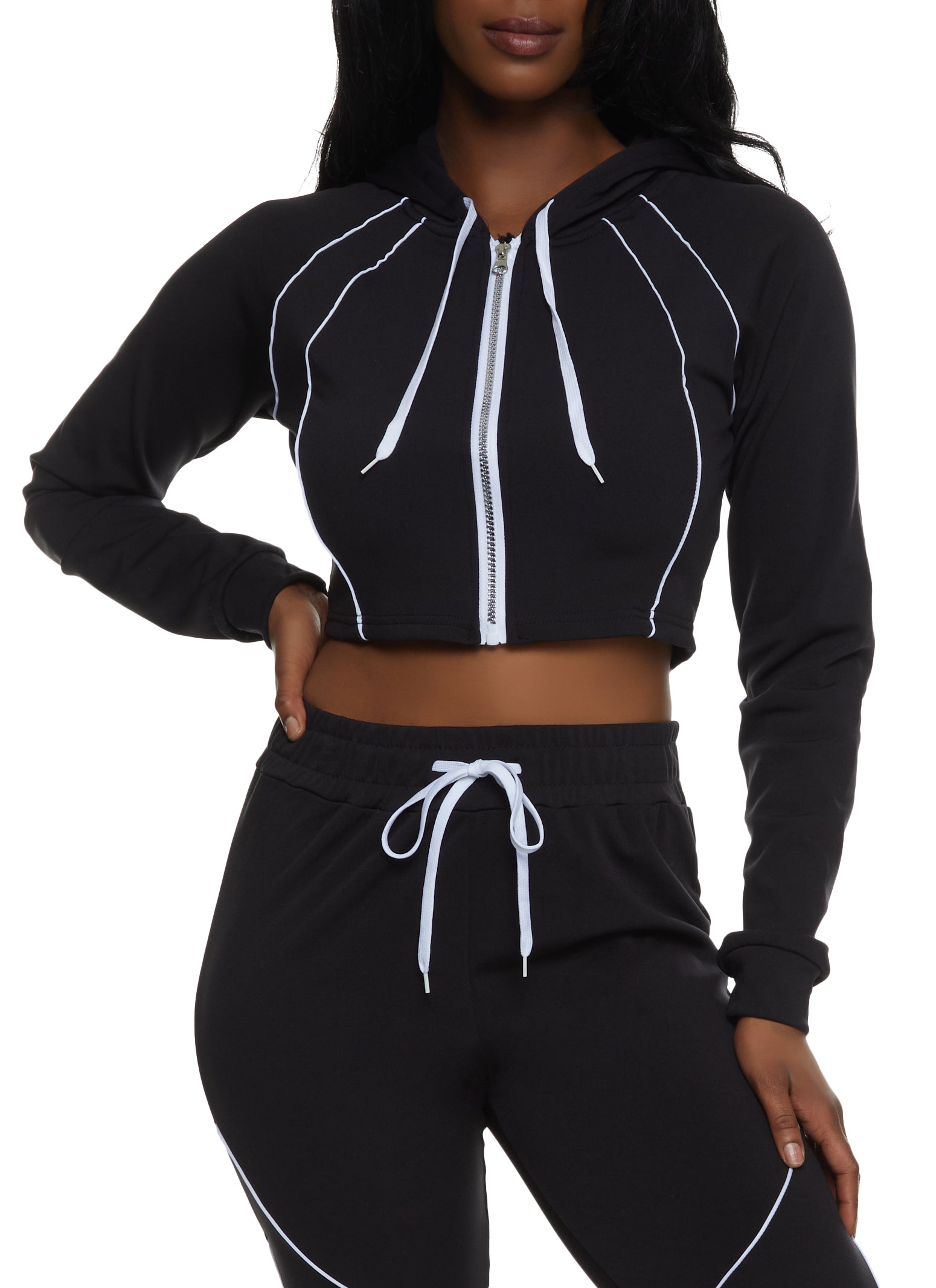 Womens Contrast Piping Cropped Zip Front Hoodie, L