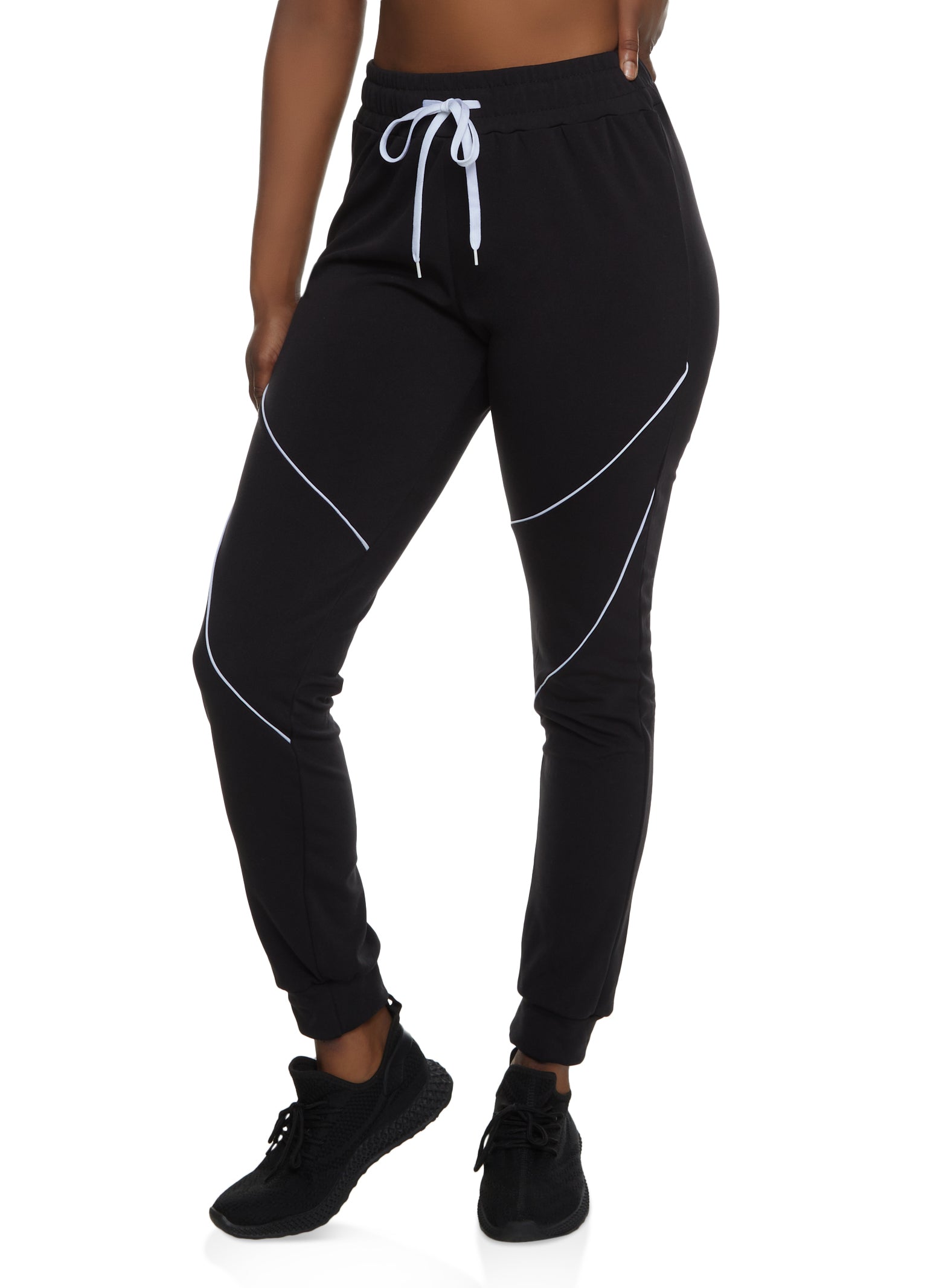Womens High Waist Contrast Piping Joggers, Black, Size M