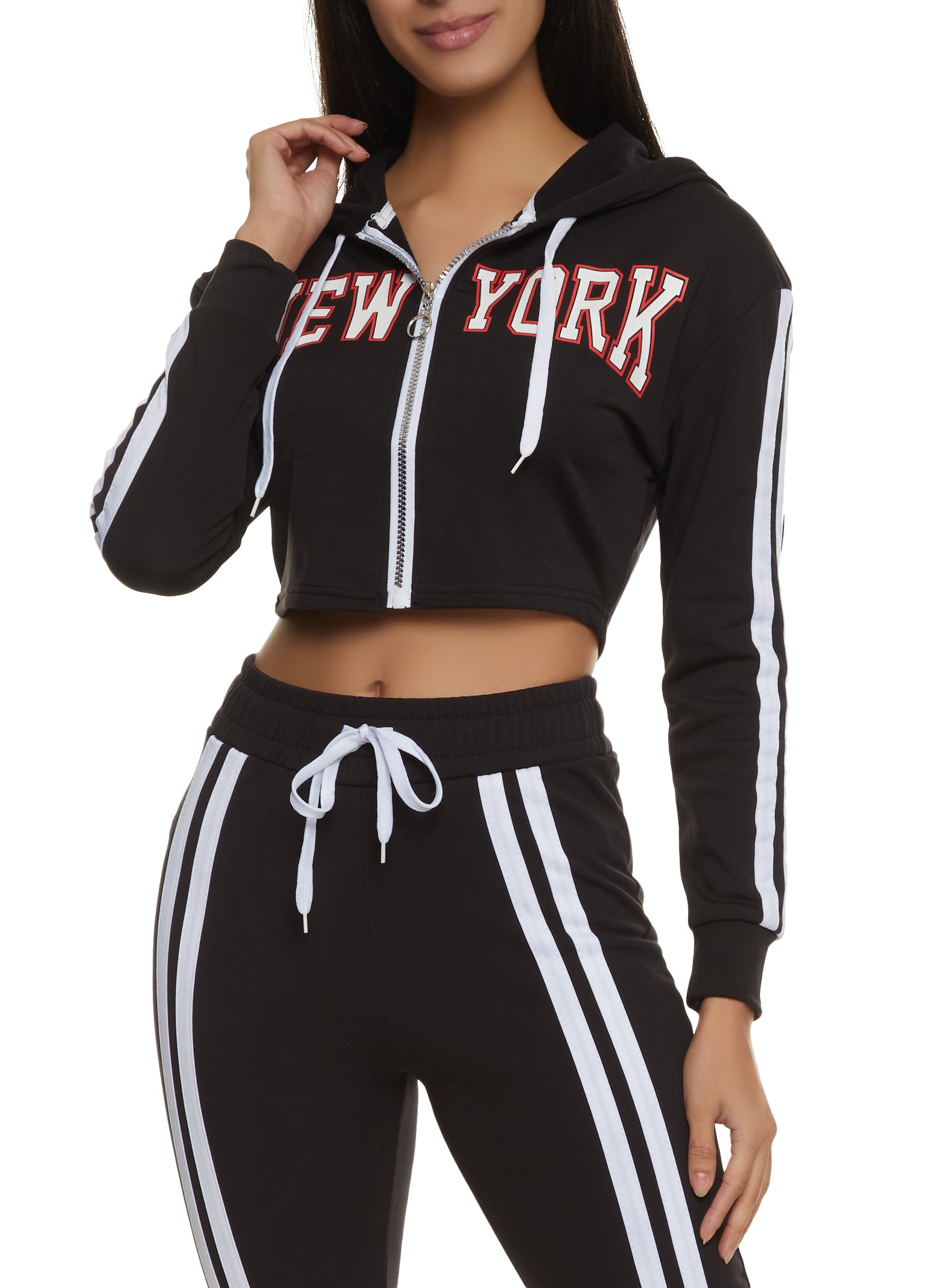 Womens New York Zip Front Cropped Graphic Hoodie, Black, Size L