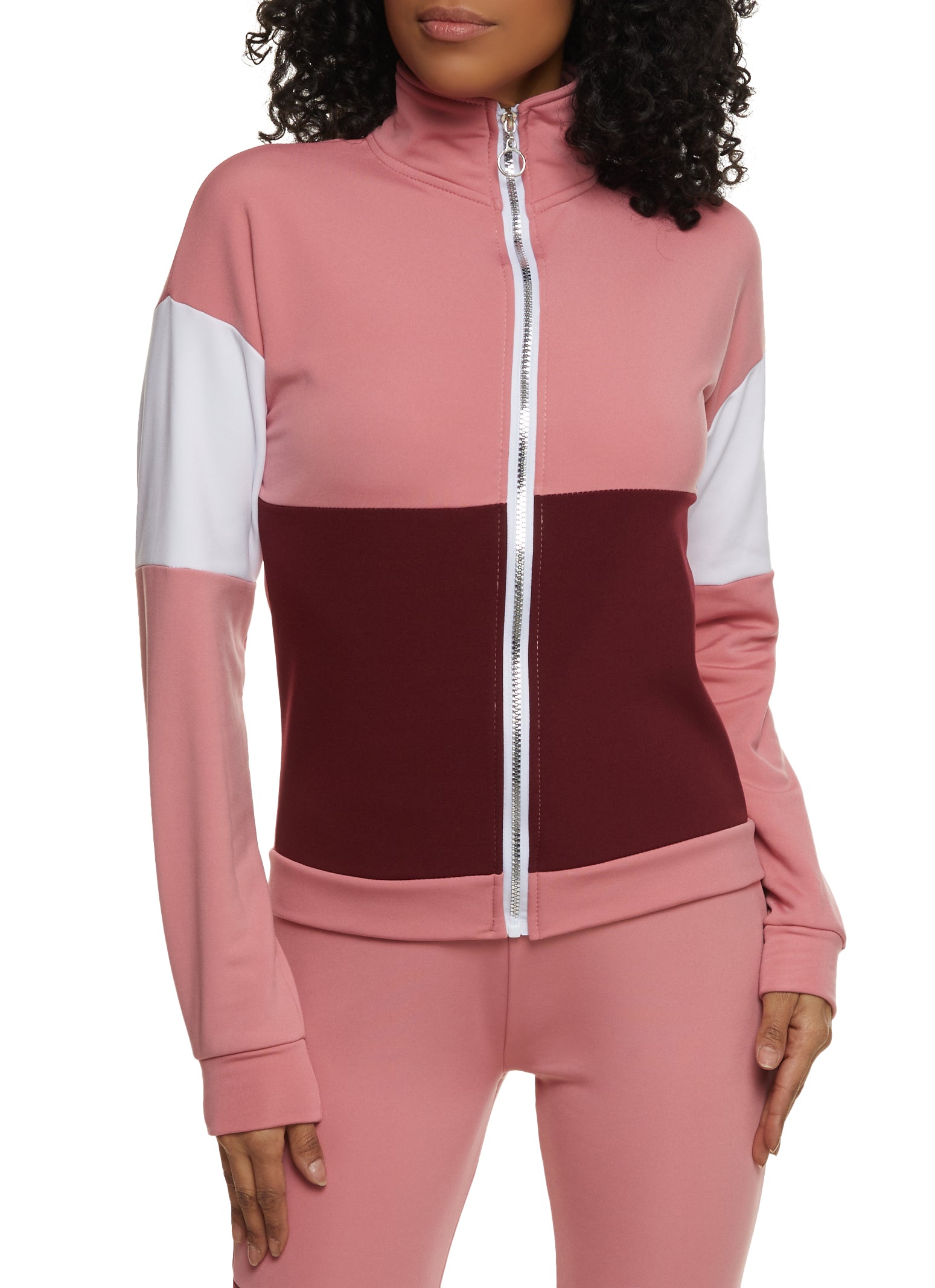 Womens Color Block Zip Front Track Jacket, Pink, Size S