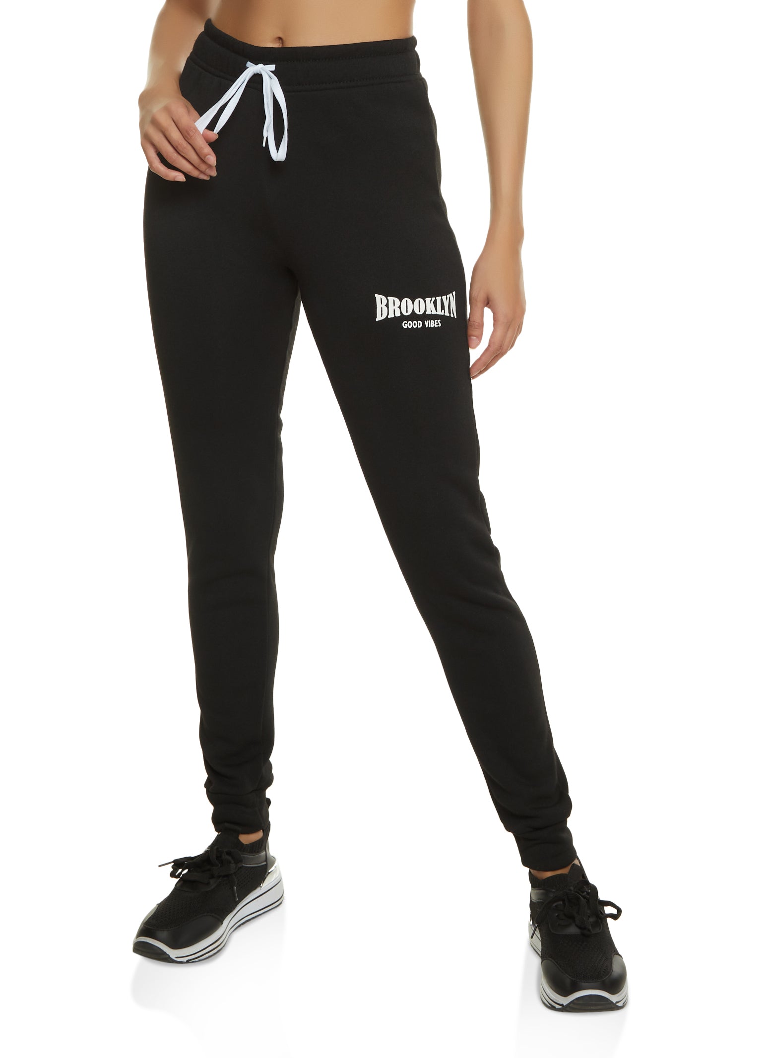 Womens Brooklyn Good Vibes Drawstring Joggers, Black,