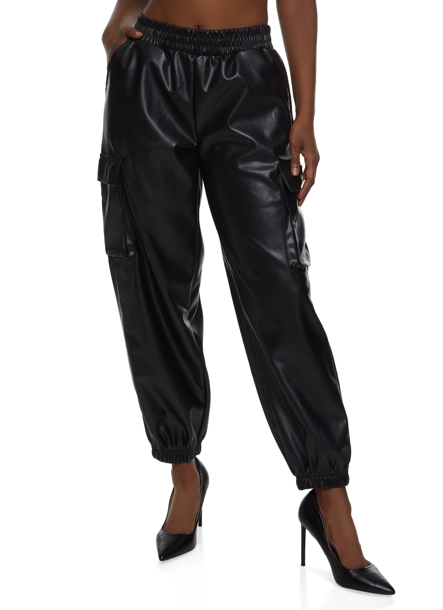 Womens Faux Leather High Waisted Cargo Pocket Joggers,