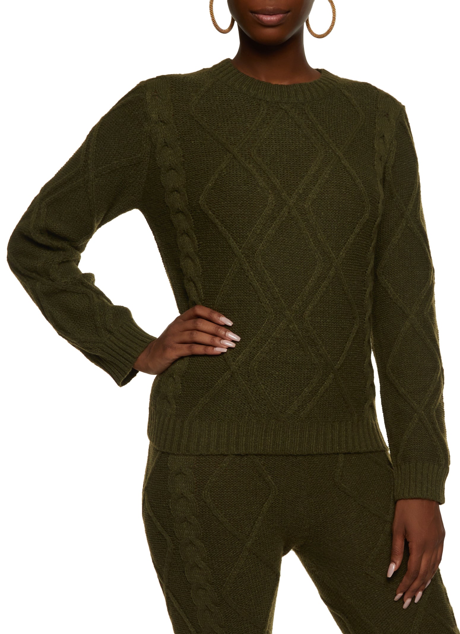 Womens Cable Knit Crew Neck Pullover Sweater,